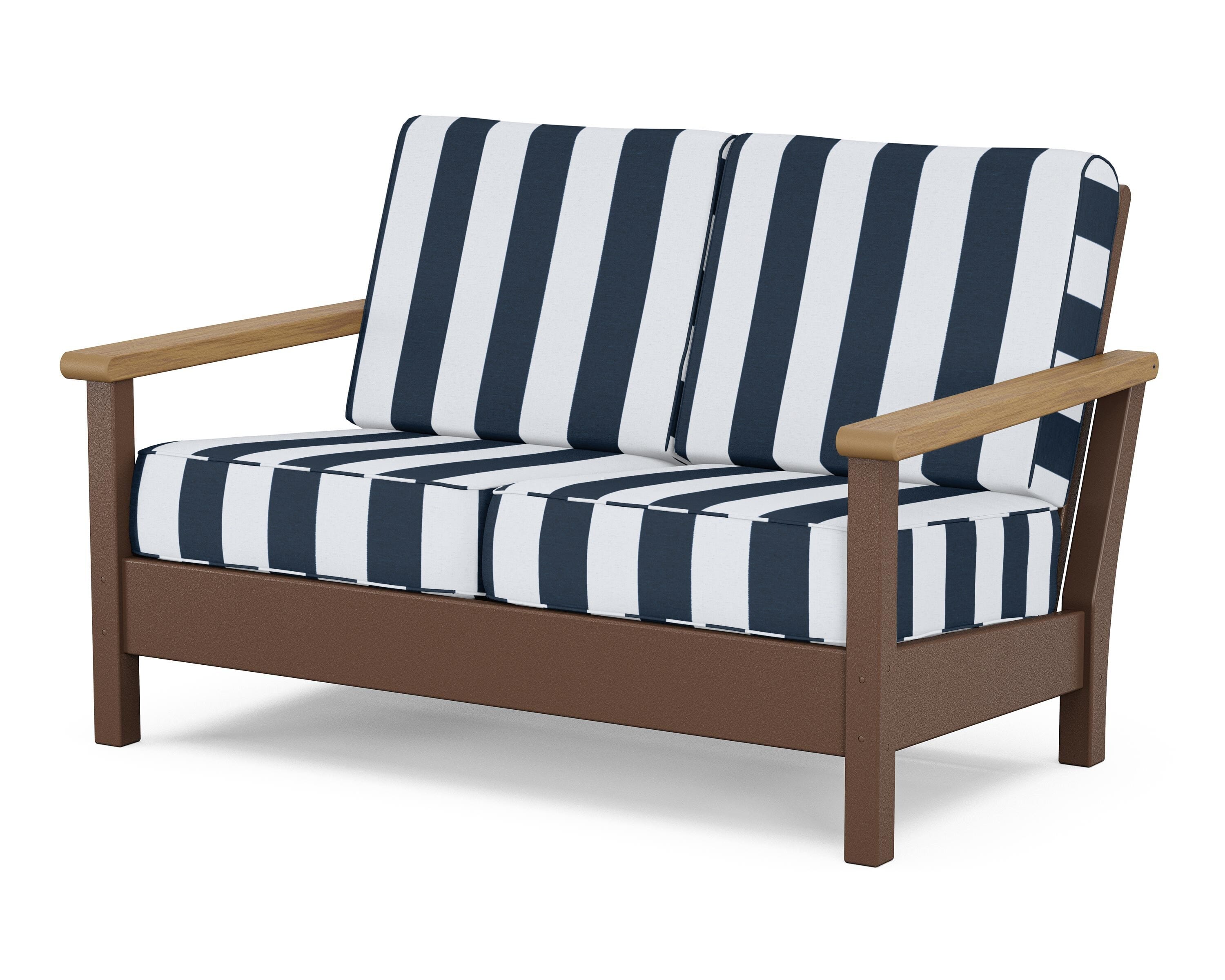 POLYWOOD® Harbour Deep Seating Loveseat in Mahogany / Natural / Cabana Stripe Marine Indigo