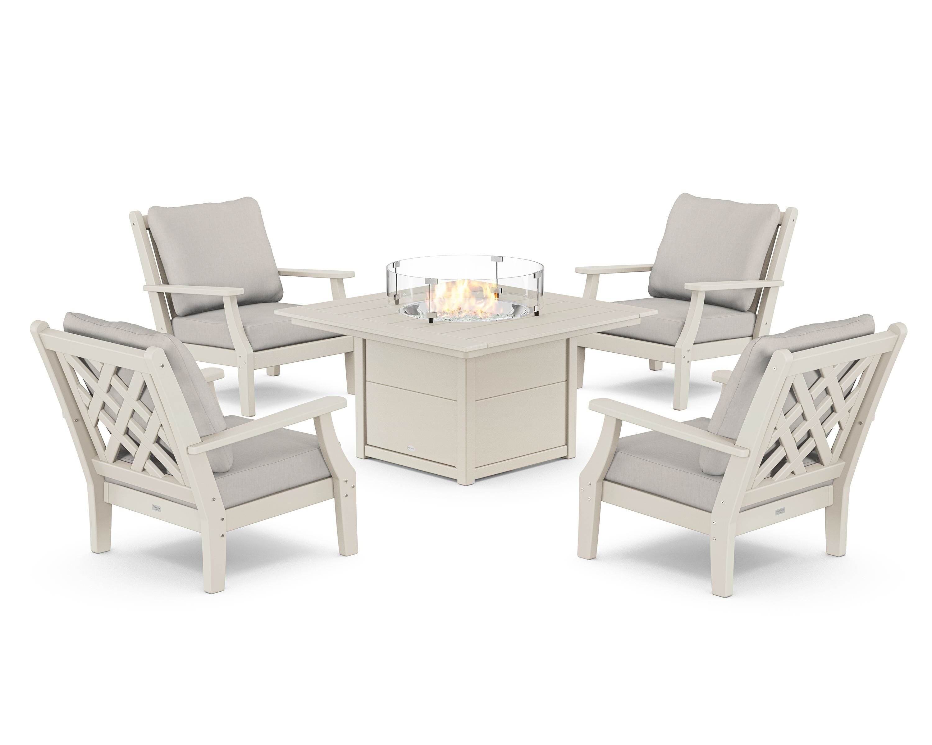 Country Living Wovendale 5-Piece Deep Seating Set with Fire Pit Table in Sand / Cast Ash