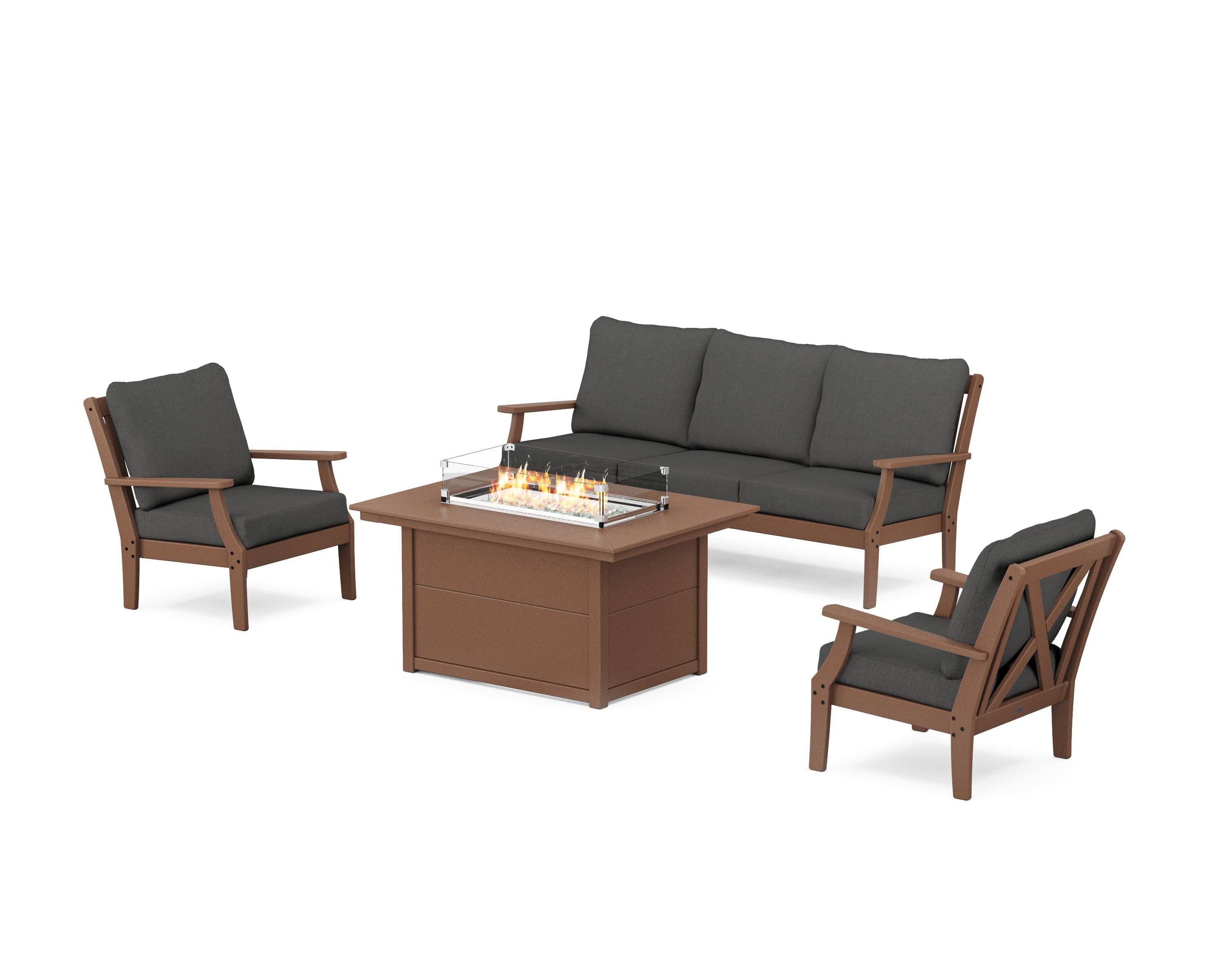 POLYWOOD® Braxton Deep Seating Fire Pit Table Set in Teak / Spectrum Carbon