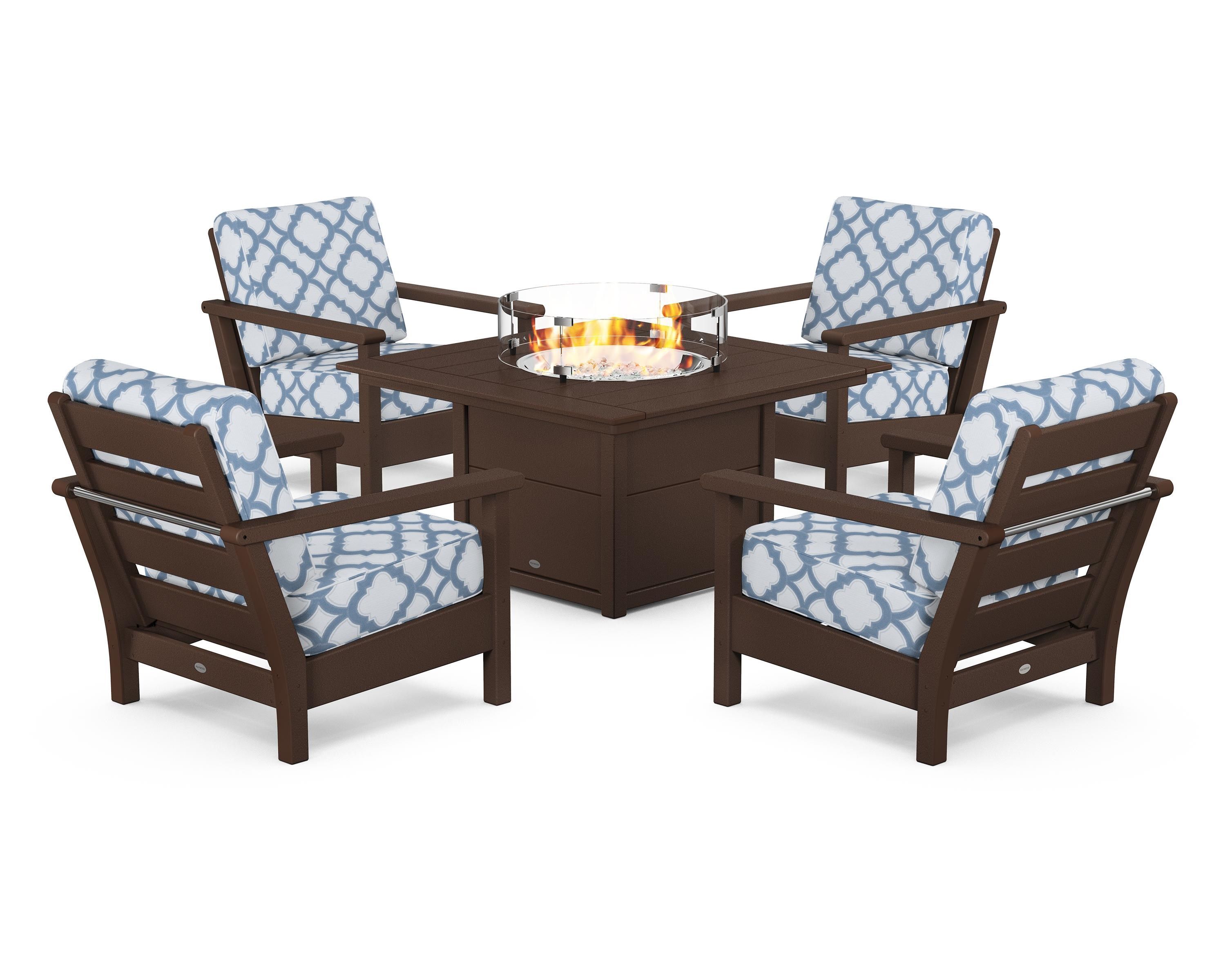 POLYWOOD® Harbour 5-Piece Conversation Set with Fire Pit Table in Mahogany / Trellis Sky Blue