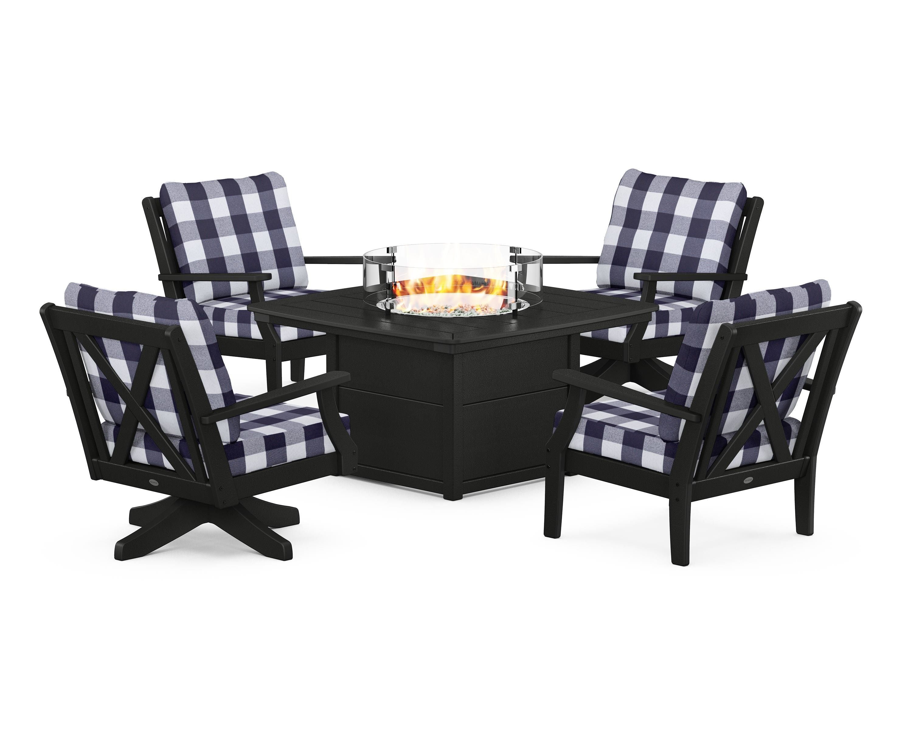 POLYWOOD® Braxton 5-Piece Deep Seating Set with Fire Table in Black / Buffalo Plaid Navy