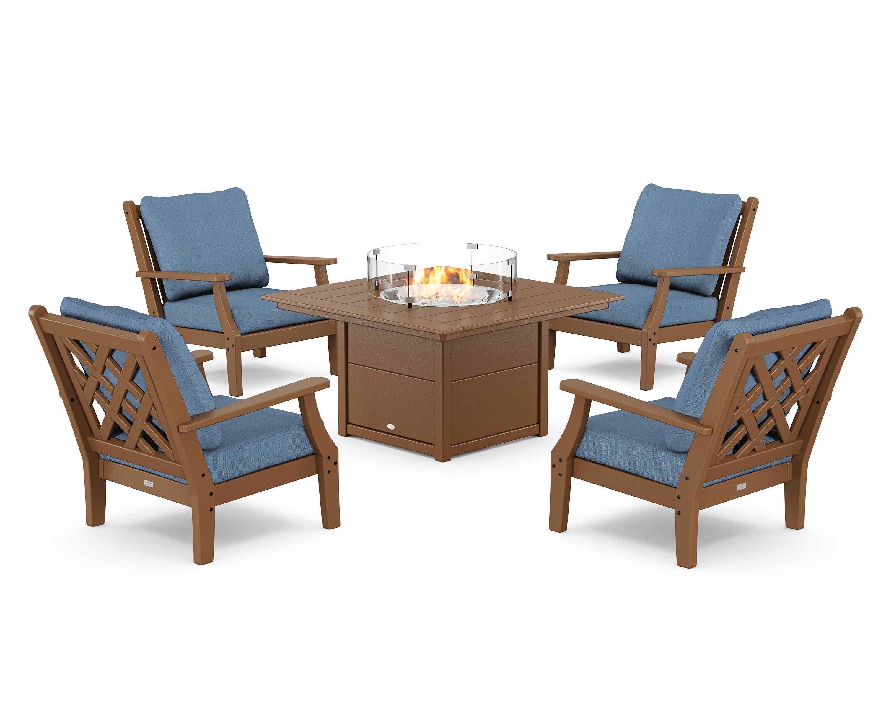 Country Living Wovendale 5-Piece Deep Seating Set with Fire Pit Table in Teak / Sky Blue