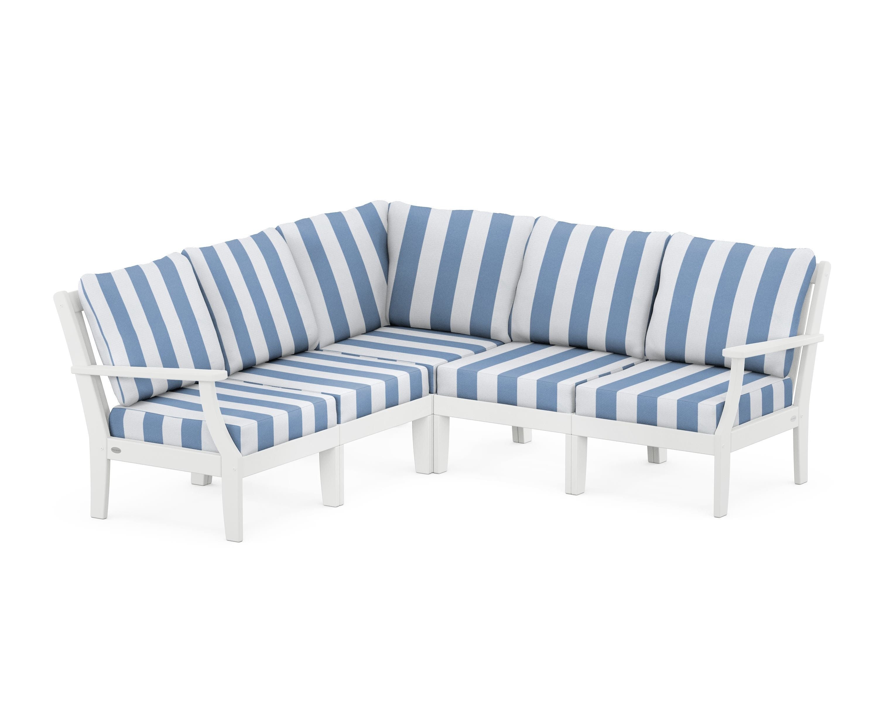 POLYWOOD® Braxton Modular 5-Piece Deep Seating Set in White / Cabana Stripe Sky Blue