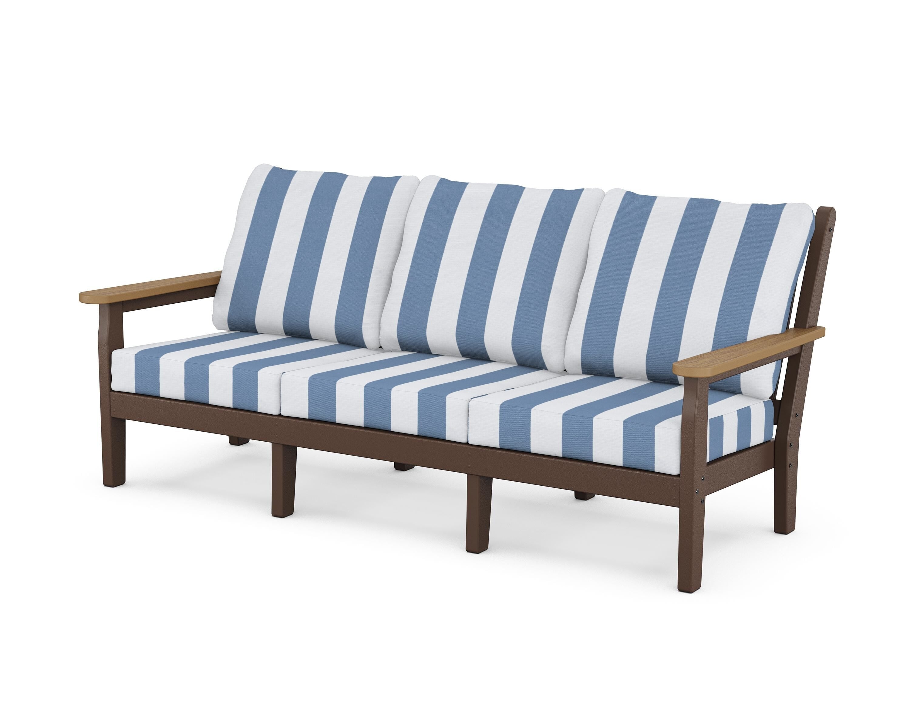 POLYWOOD® Chippendale Deep Seating Sofa in Mahogany / Natural / Cabana Stripe Sky Blue