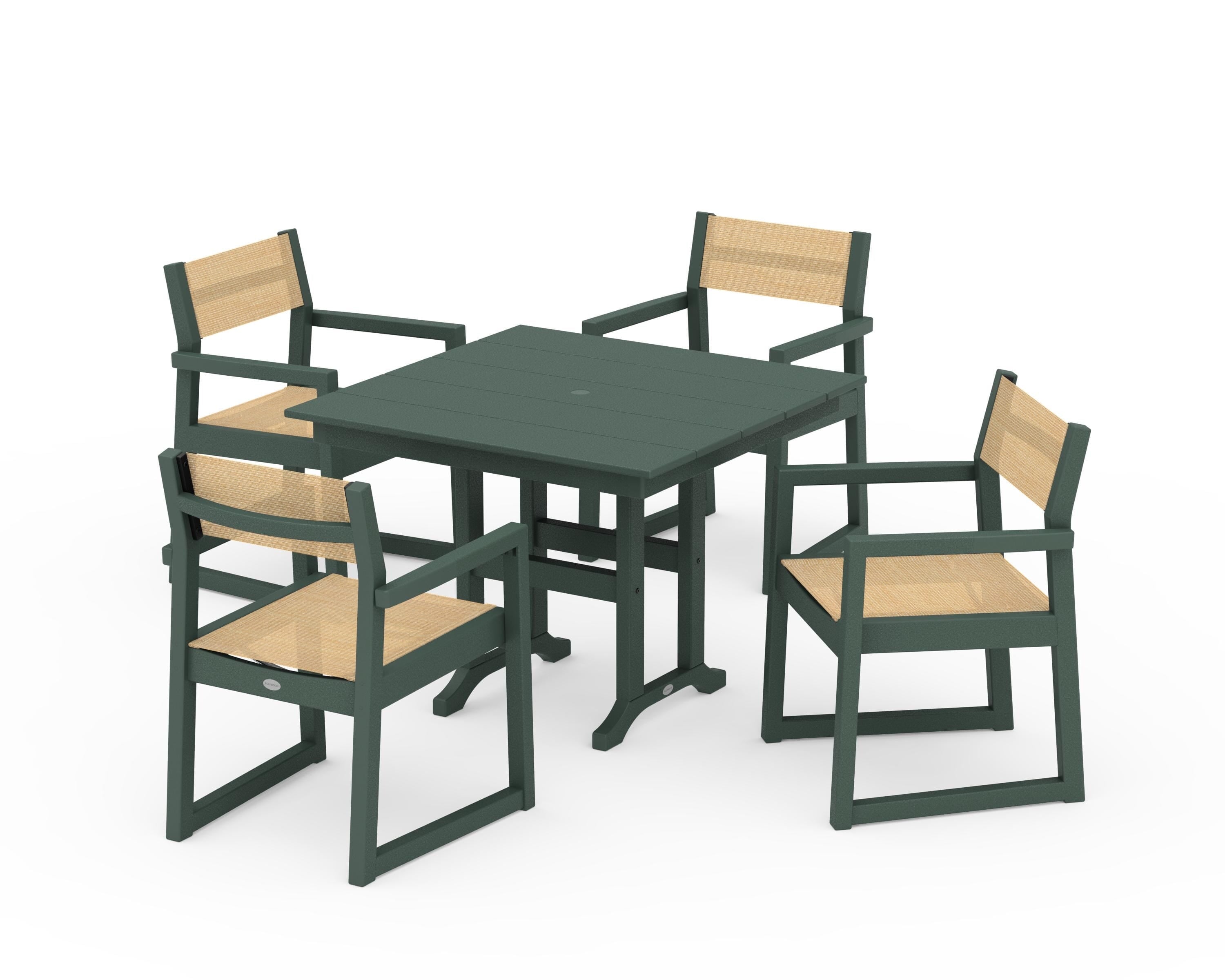 POLYWOOD® EDGE Sling Arm Chair 5-Piece Farmhouse Dining Set in Green / Dupioni Apricot Sling