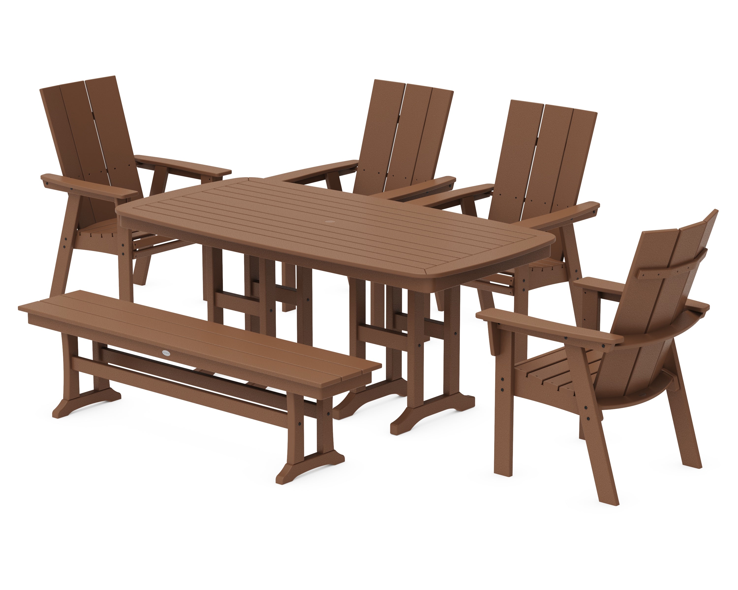 POLYWOOD® Modern Curveback Adirondack 6-Piece Dining Set with Bench in Teak