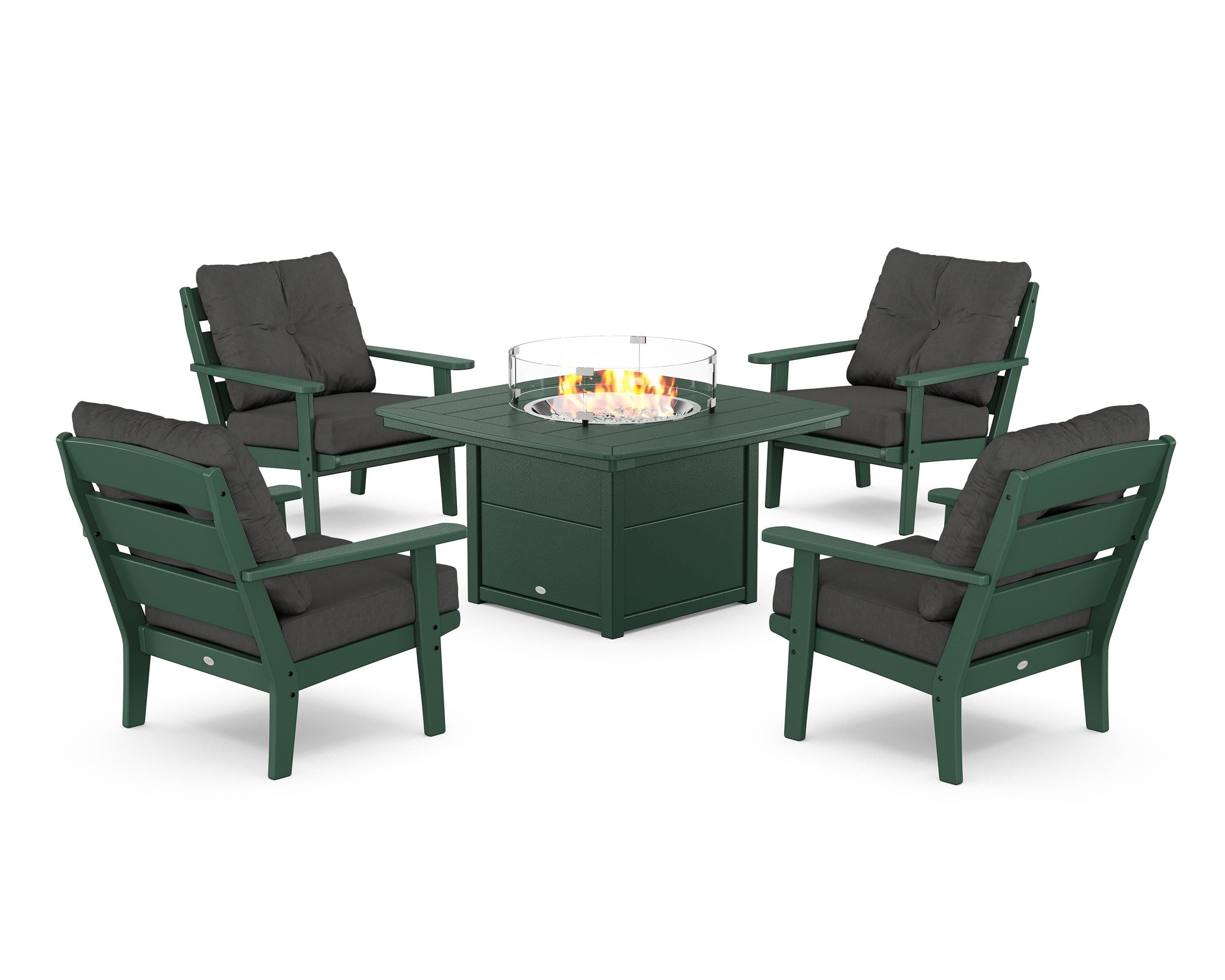 POLYWOOD® Lakeside 5-Piece Deep Seating Set with Nautical Fire Pit Table in Green / Spectrum Carbon
