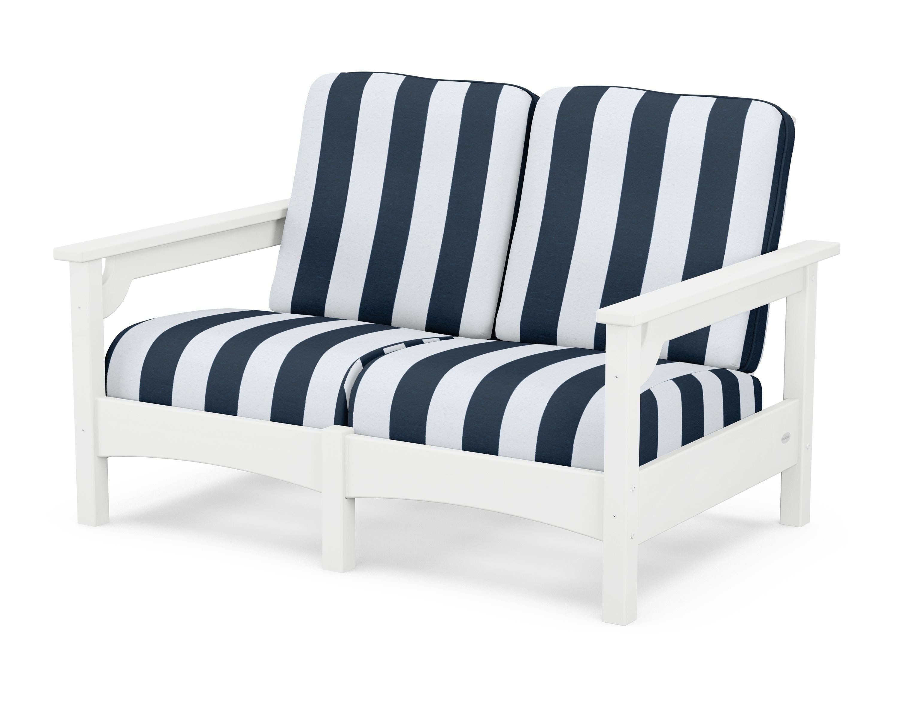POLYWOOD® Club Loveseat in White / Cabana Stripe Marine Indigo