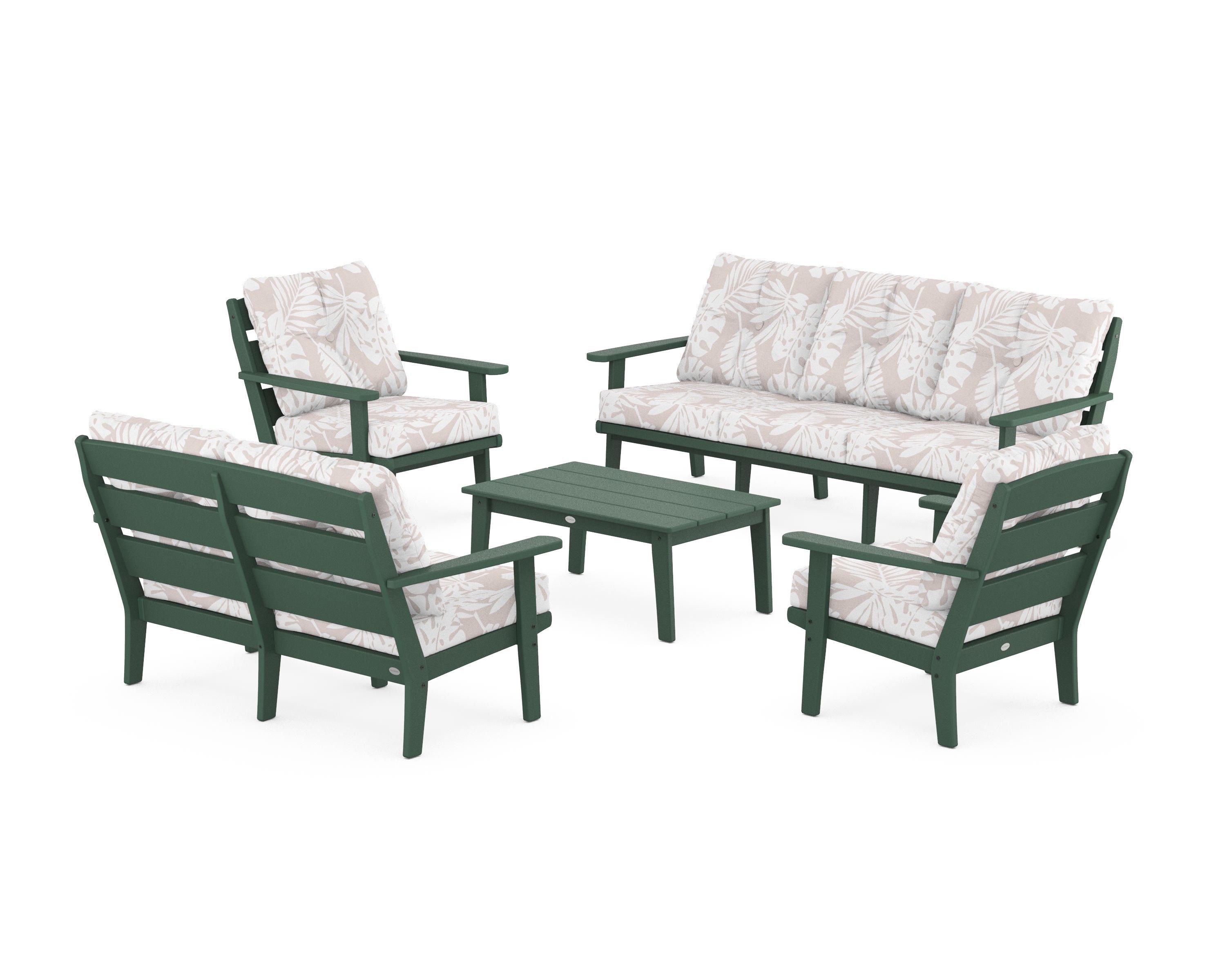 POLYWOOD® Lakeside 5-Piece Lounge Sofa Set in Green / Leaf Dune Burlap