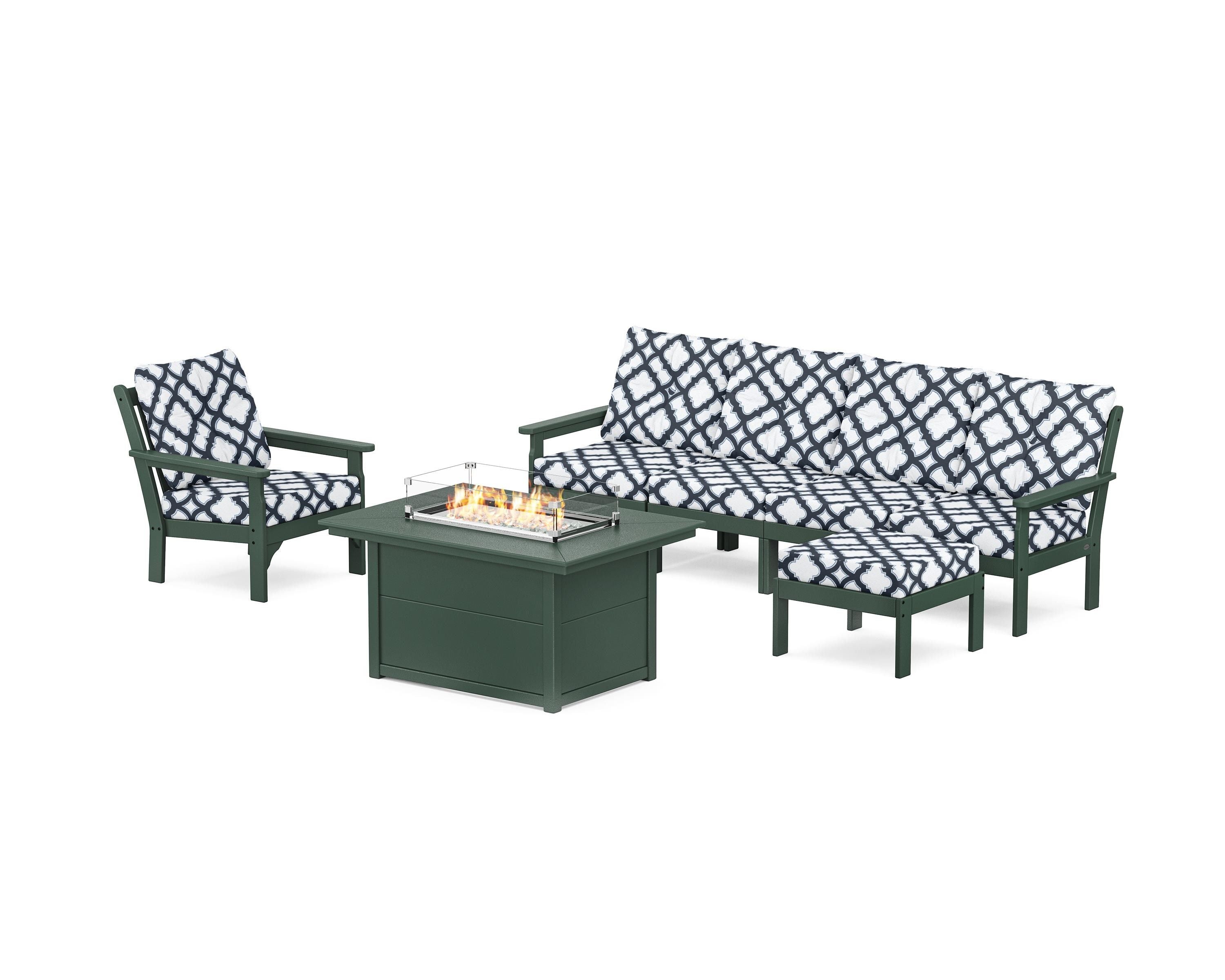 POLYWOOD® Vineyard Sectional Lounge and Fire Pit Set in Green / Trellis Marine Indigo