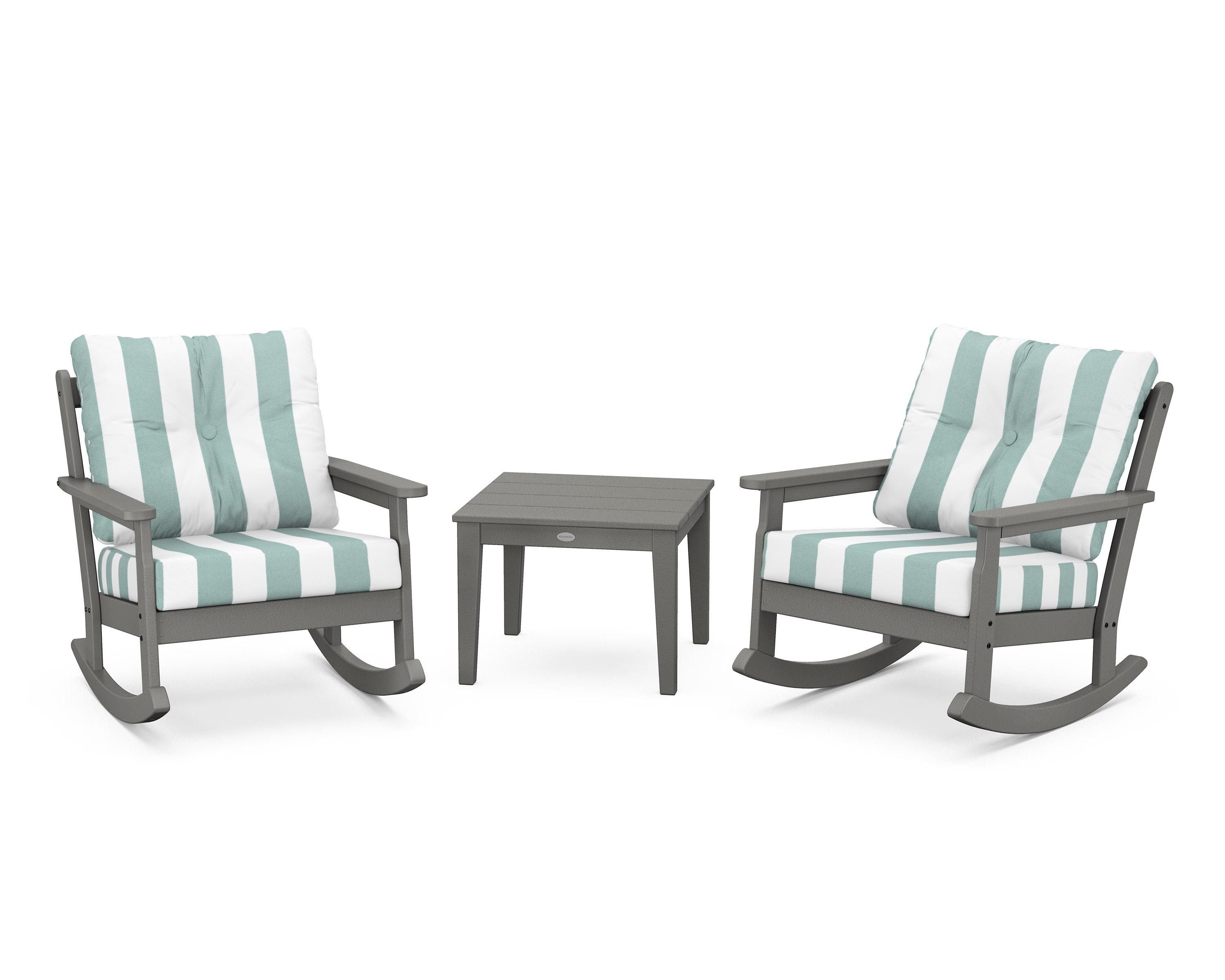 POLYWOOD® Vineyard 3-Piece Deep Seating Rocker Set in Slate Grey / Cabana Stripe Glacier Spa