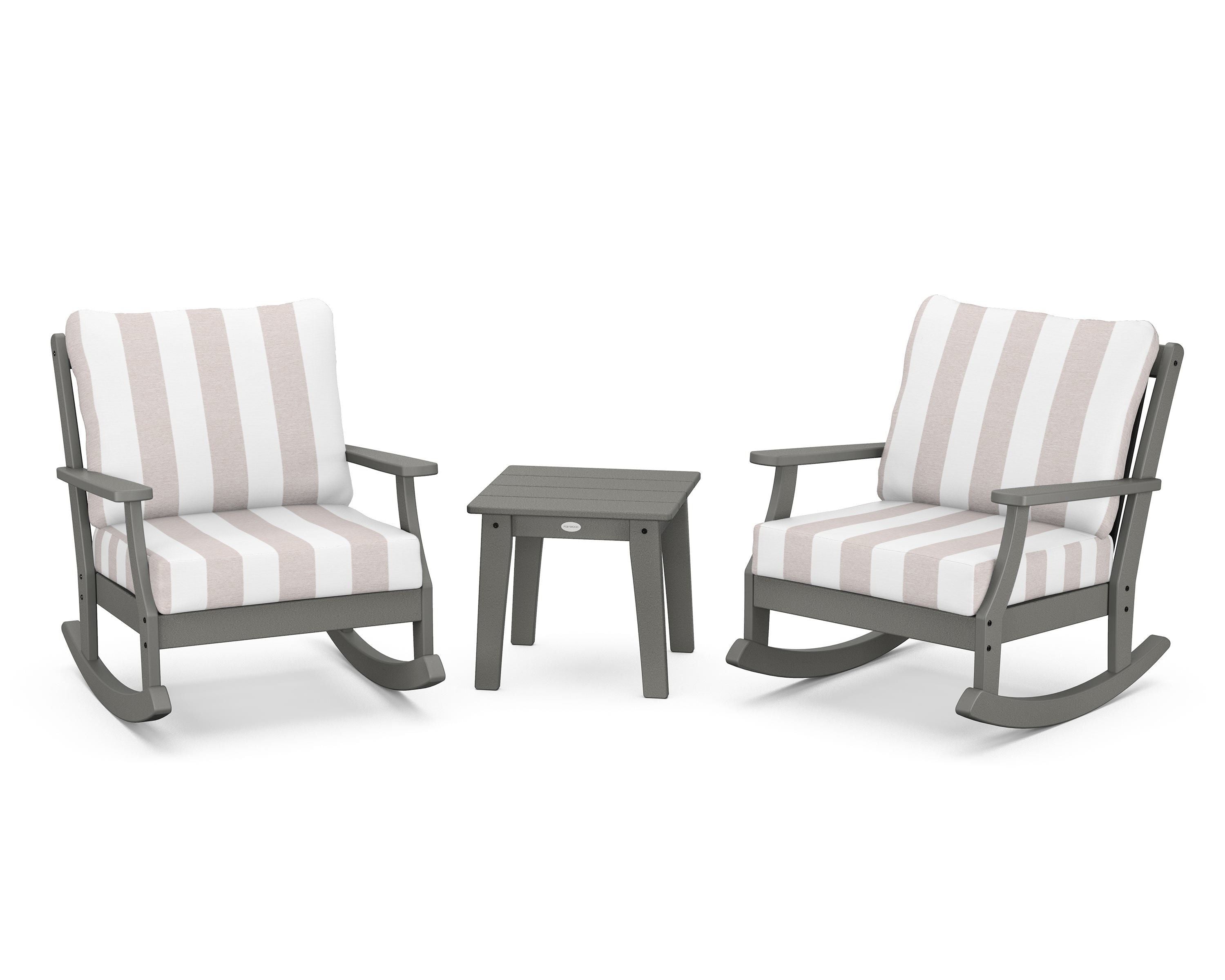 POLYWOOD® Braxton 3-Piece Deep Seating Rocker Set in Slate Grey / Cabana Stripe Dune Burlap