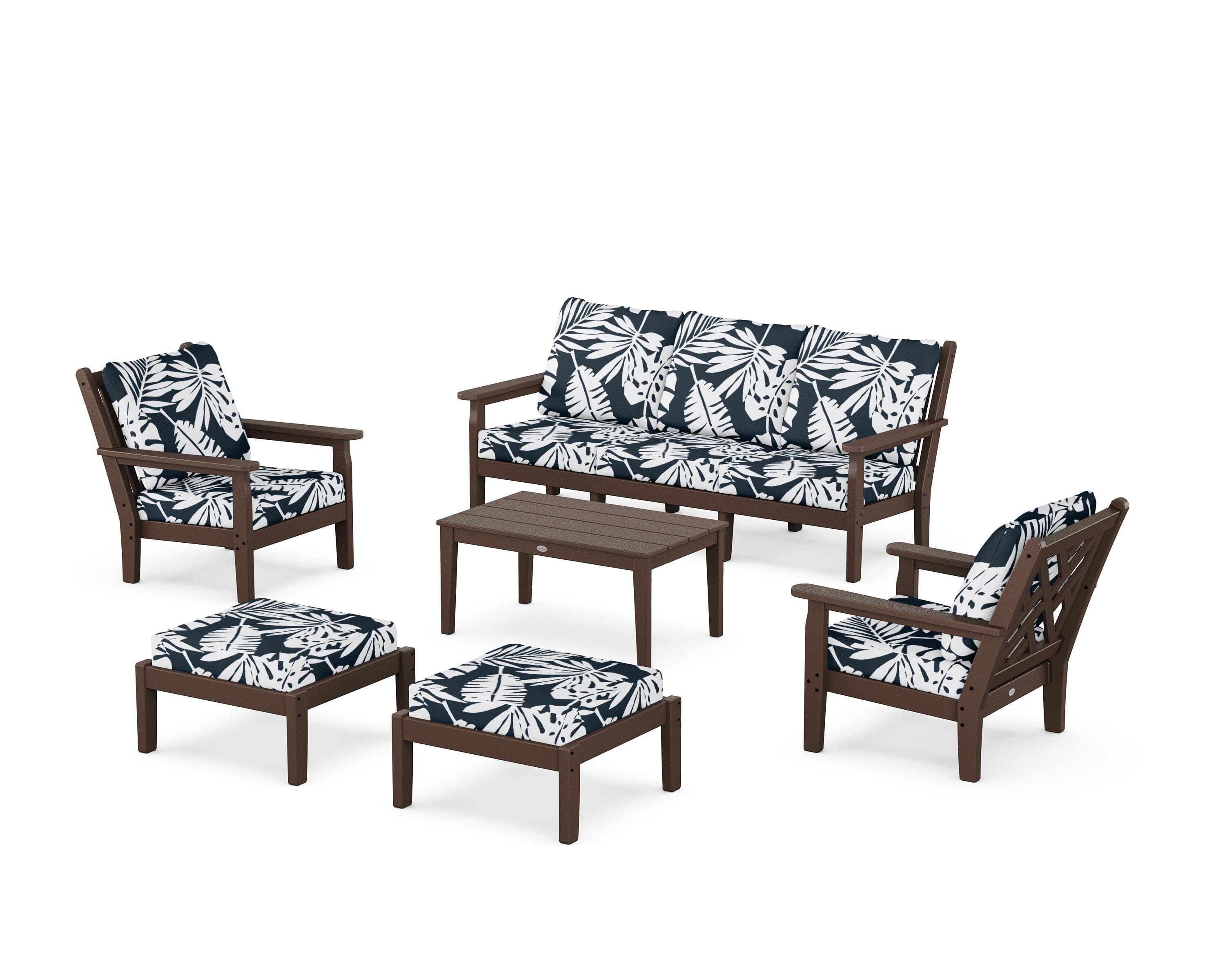 POLYWOOD® Chippendale 6-Piece Lounge Sofa Set in Mahogany / Leaf Marine Indigo
