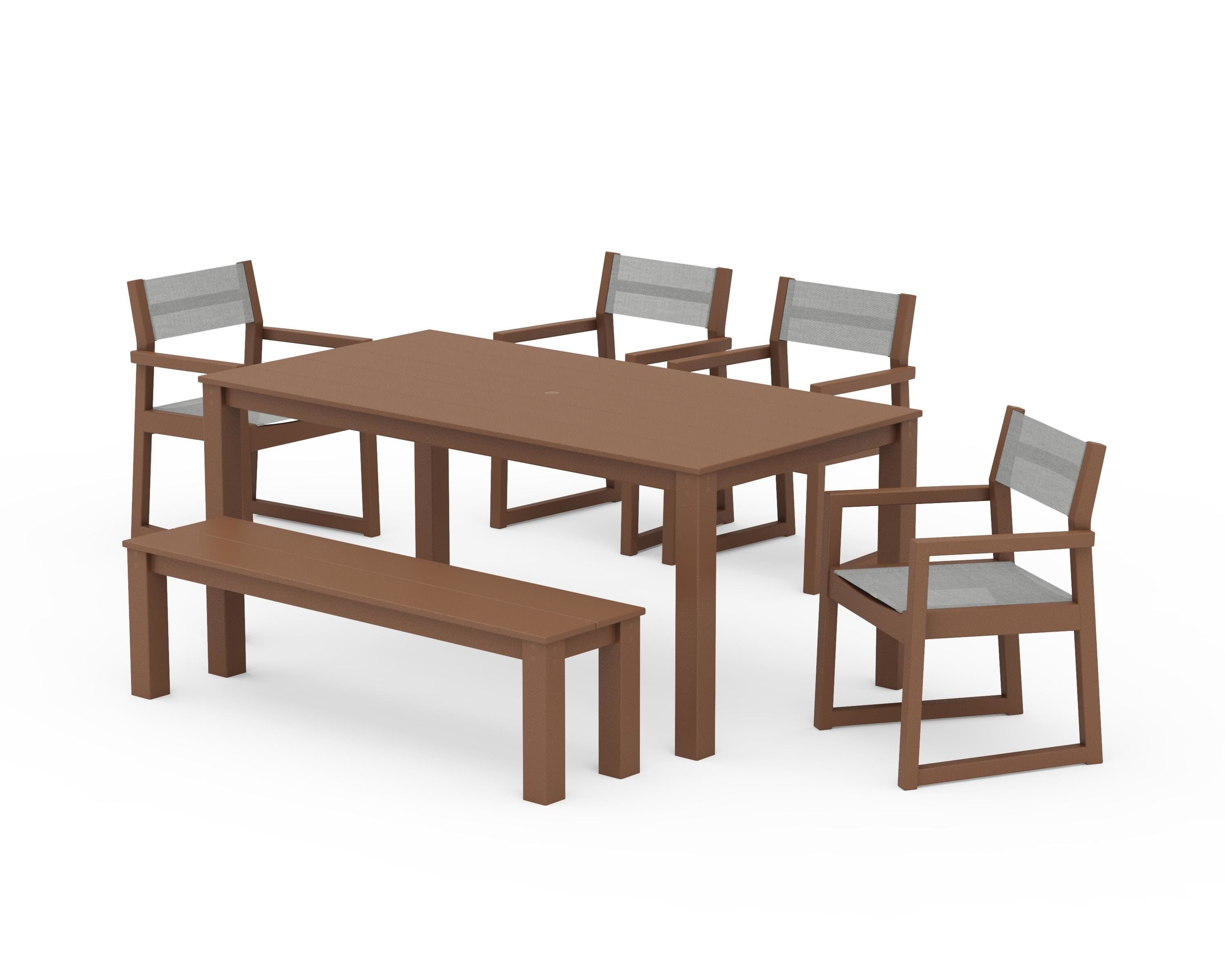 POLYWOOD® EDGE Sling Arm Chair 6-Piece Parsons Dining Set with Bench in Teak / Metallic Sling
