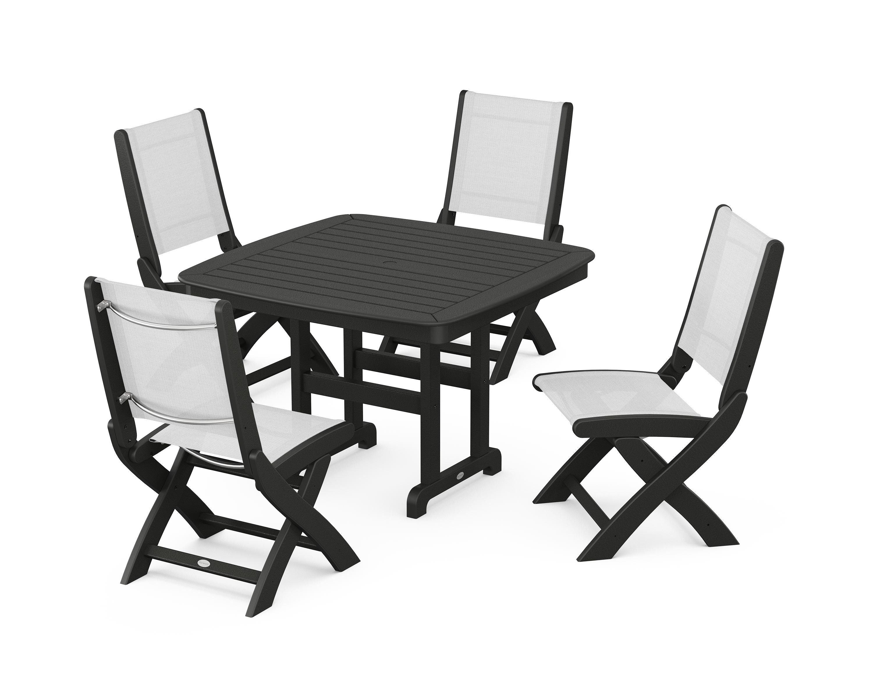 POLYWOOD® Coastal Folding Side Chair 5-Piece Dining Set in Black / White Sling