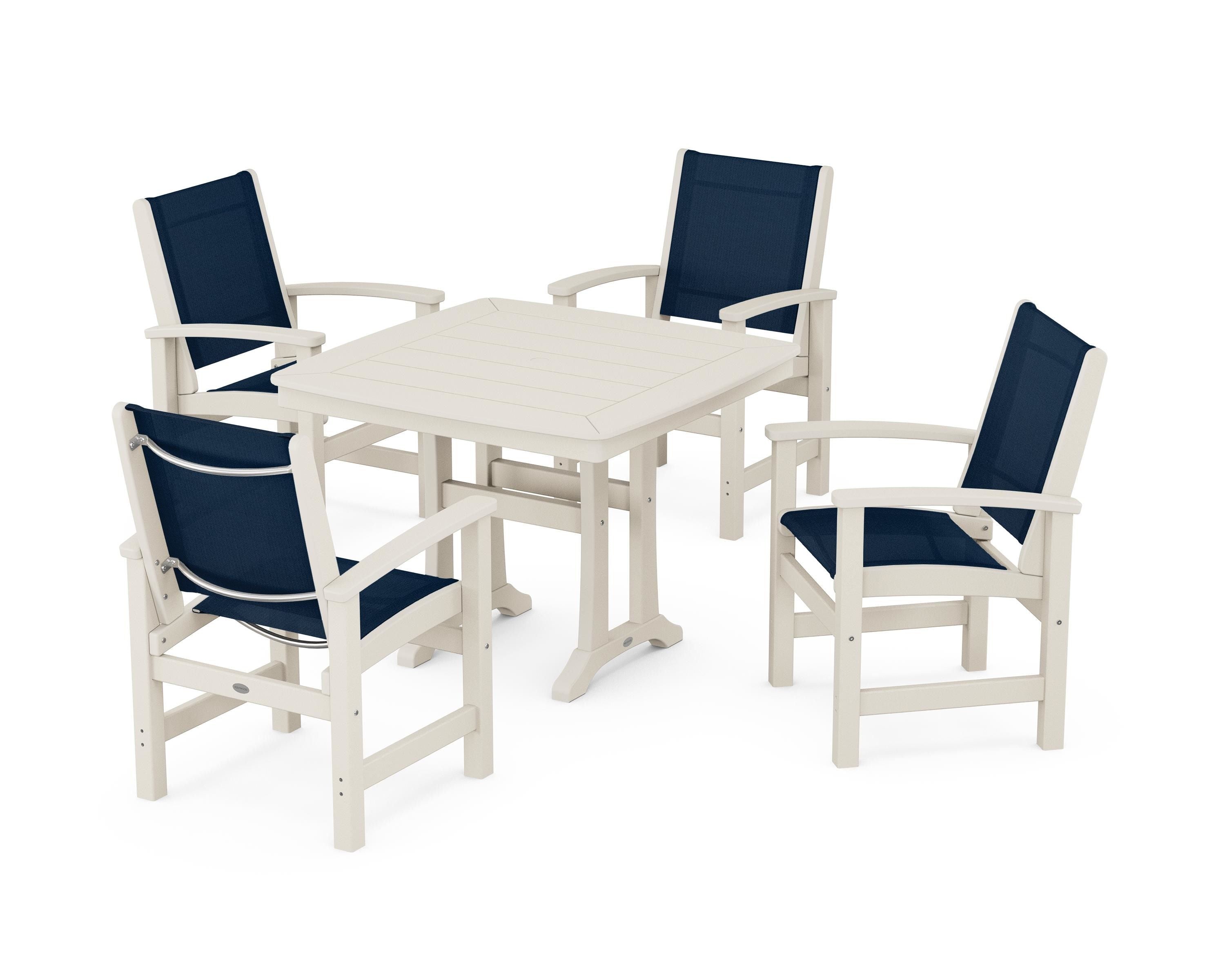 POLYWOOD® Coastal 5-Piece Dining Set with Trestle Legs in Sand / Navy Blue Sling