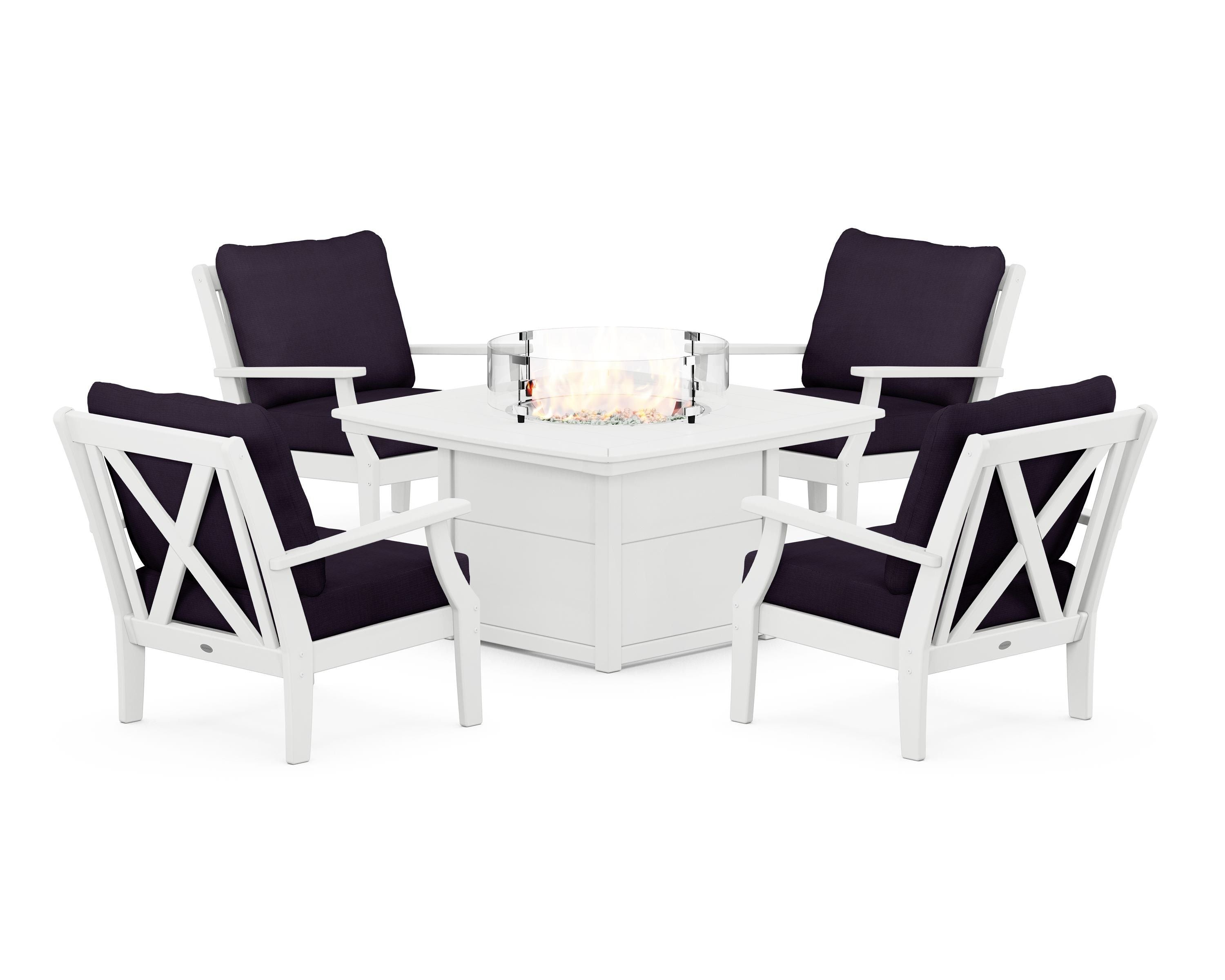 POLYWOOD® Braxton 5-Piece Deep Seating Conversation Set with Fire Pit Table in White / Navy Linen