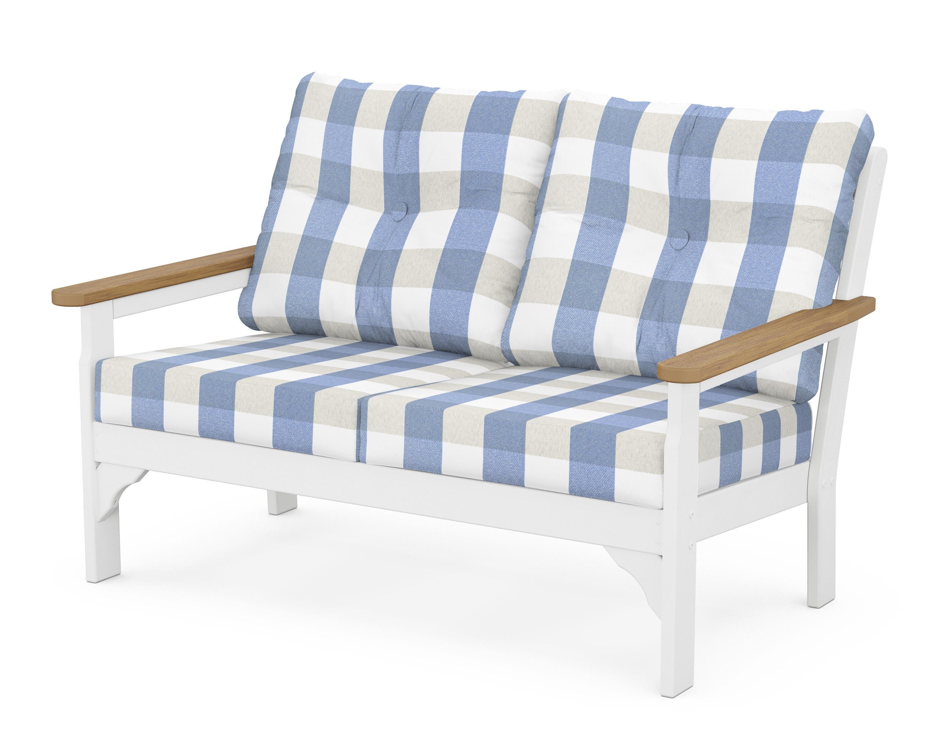 POLYWOOD® Vineyard Deep Seating Loveseat in White / Natural / Buffalo Plaid Sky Blue