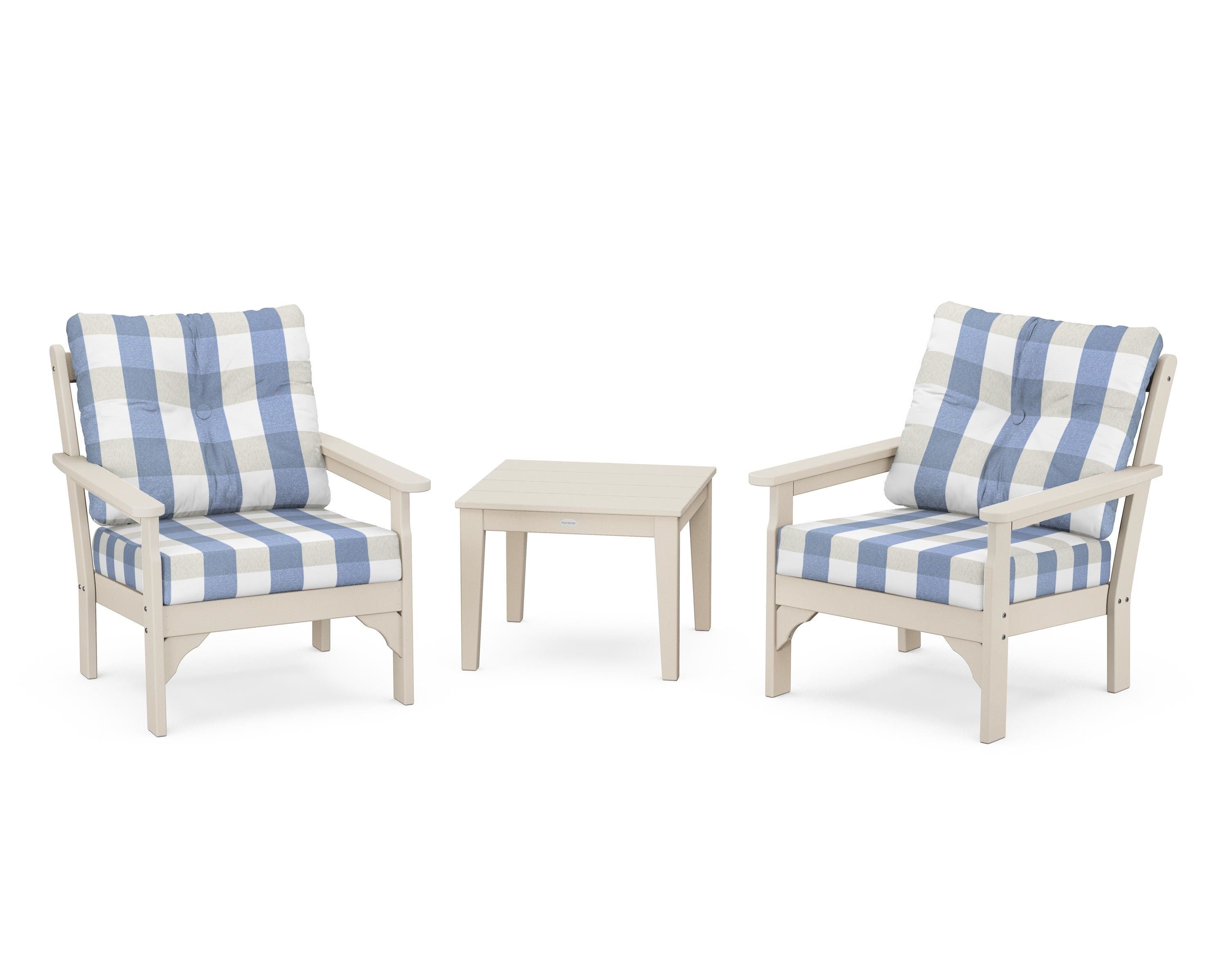 POLYWOOD® Vineyard 3-Piece Deep Seating Set in Sand / Buffalo Plaid Sky Blue