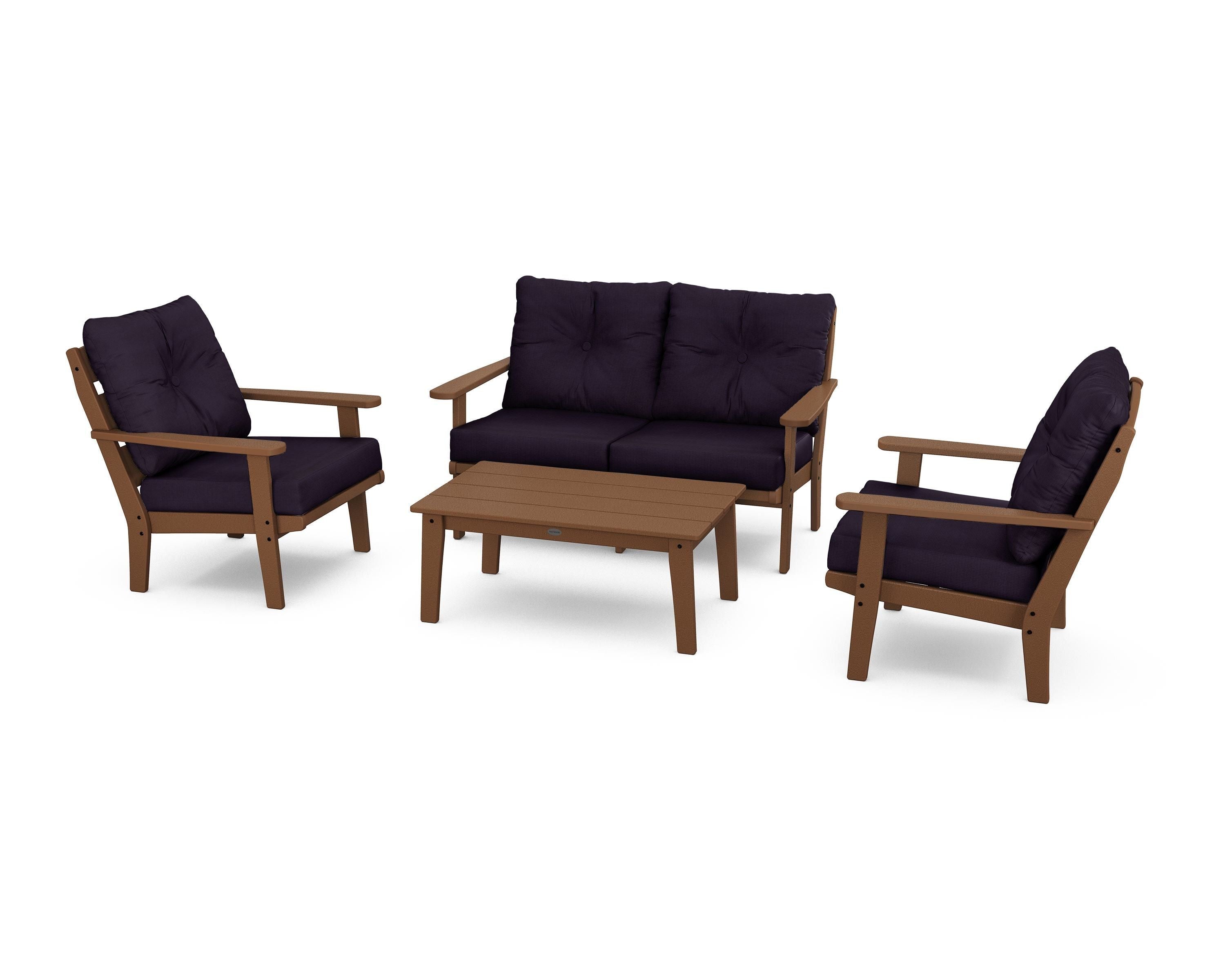 POLYWOOD® Lakeside 4-Piece Deep Seating Set in Teak / Navy Linen