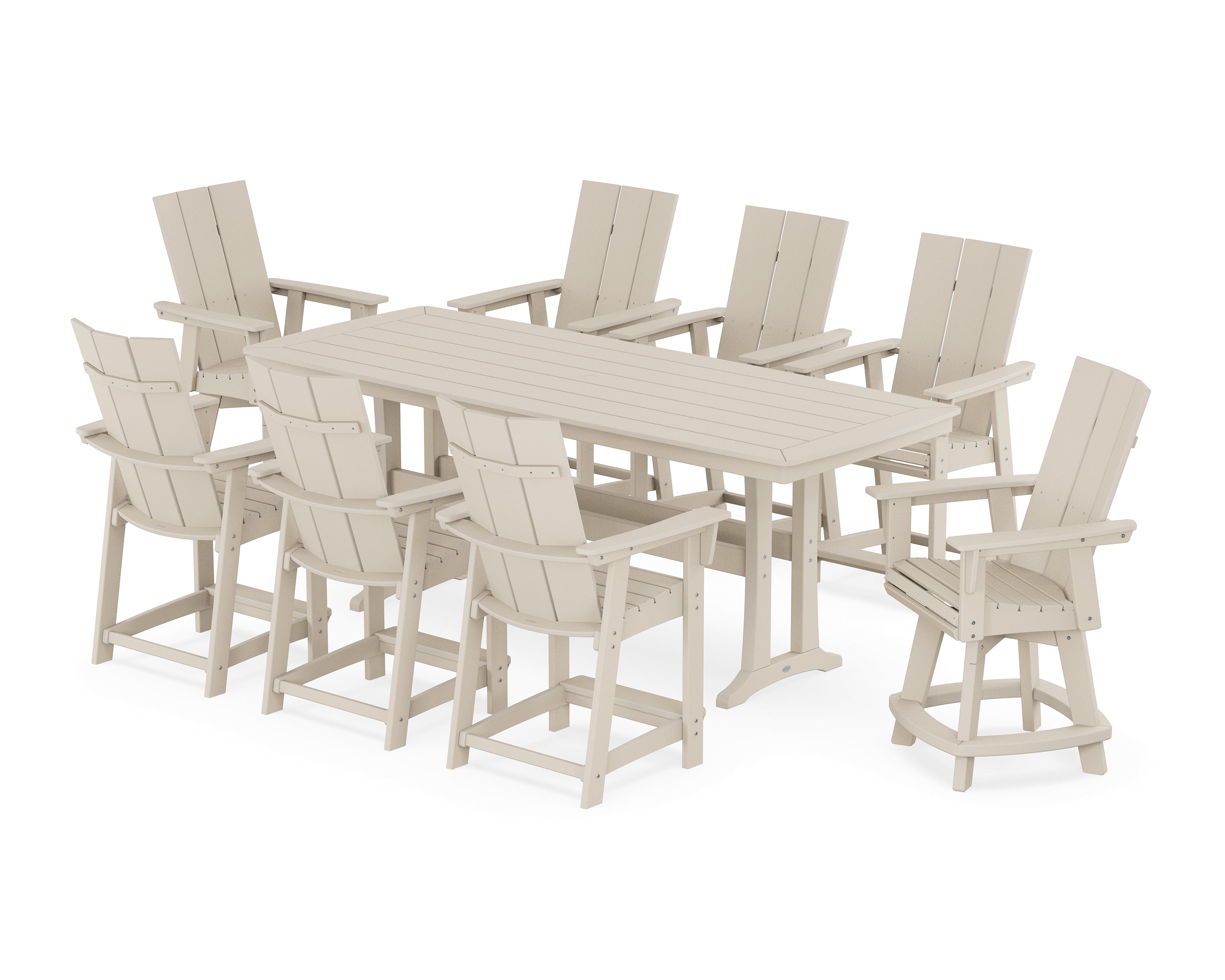 POLYWOOD® Modern Curveback Adirondack Swivel 9-Piece Counter Set with Trestle Legs in Sand
