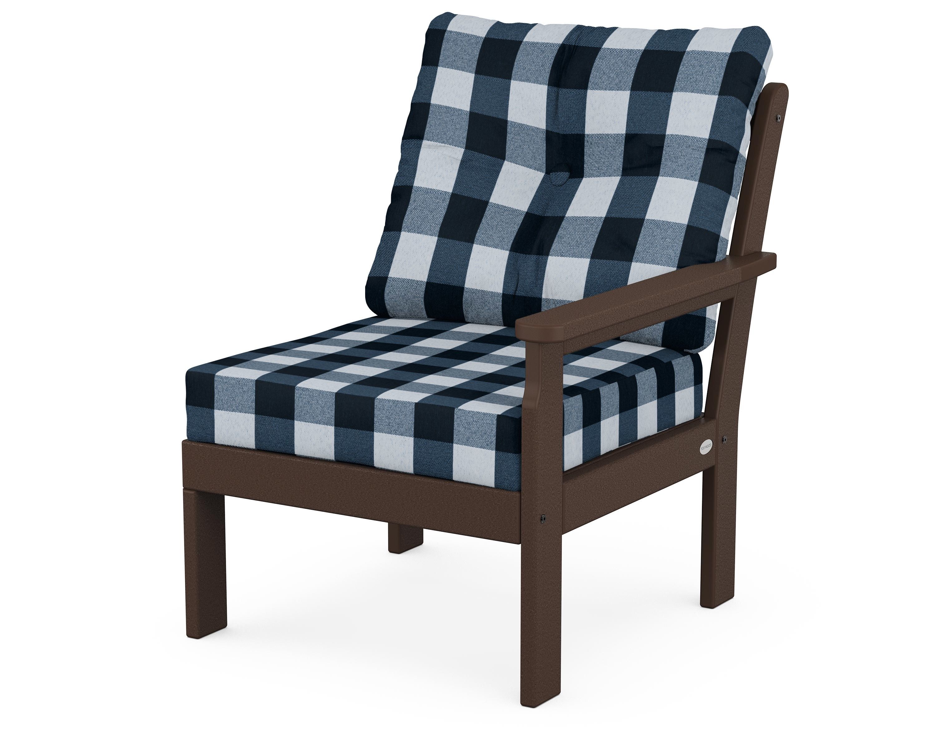 POLYWOOD® Vineyard Modular Right Arm Chair in Mahogany / Buffalo Plaid Marine Indigo