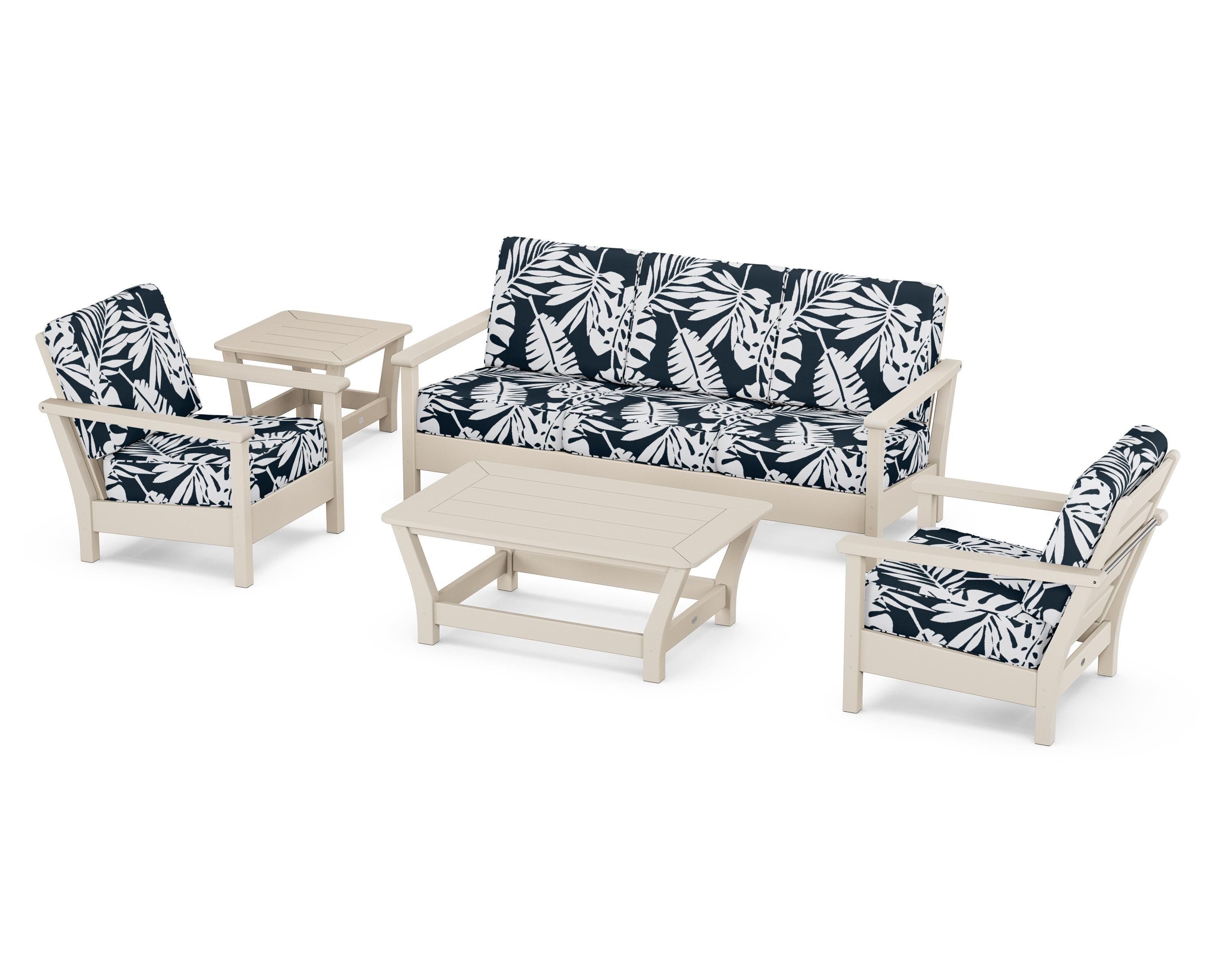 POLYWOOD® Harbour 5-Piece Deep Seating Set in Sand / Leaf Marine Indigo