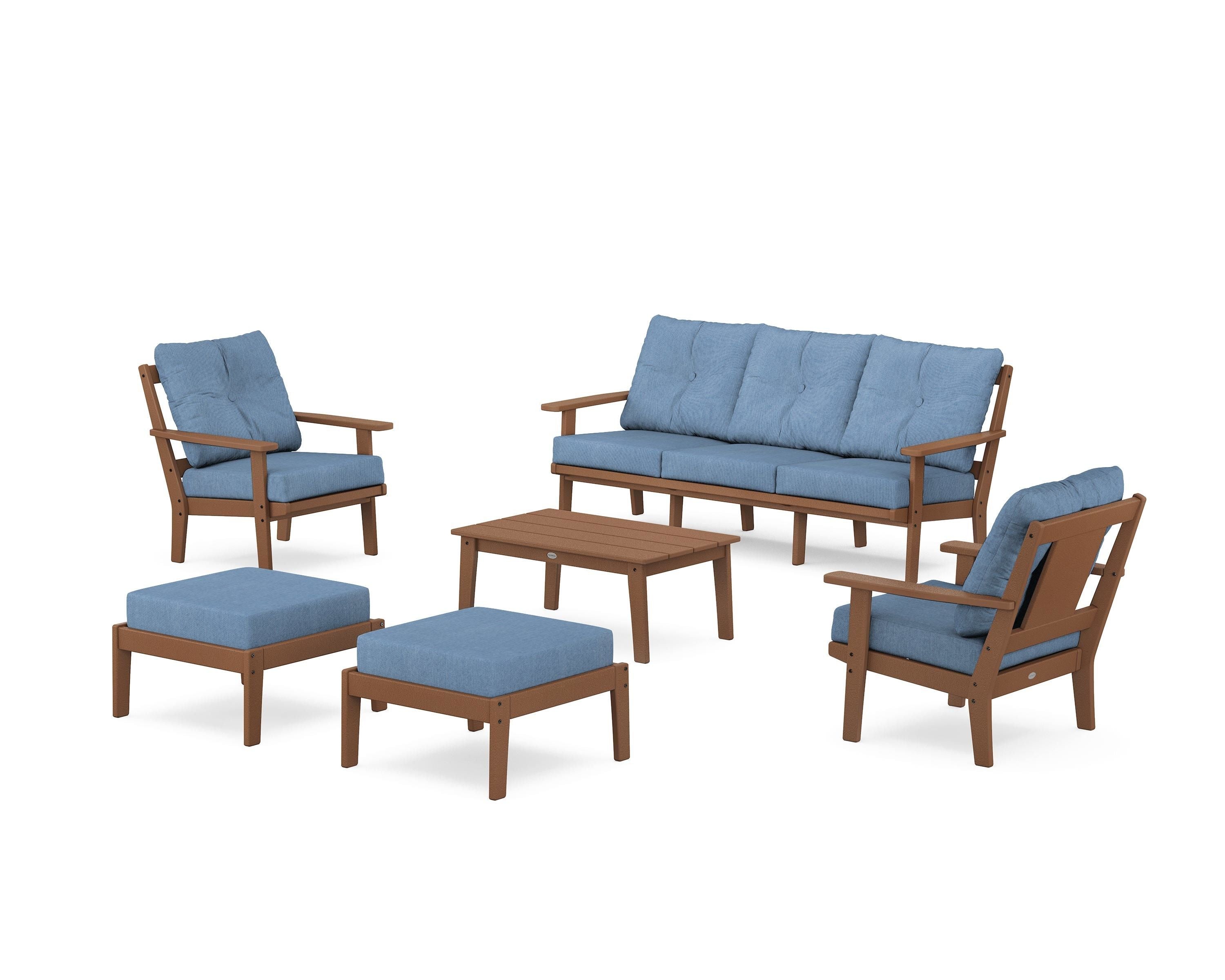POLYWOOD® Prairie 6-Piece Lounge Sofa Set in Teak / Sky Blue