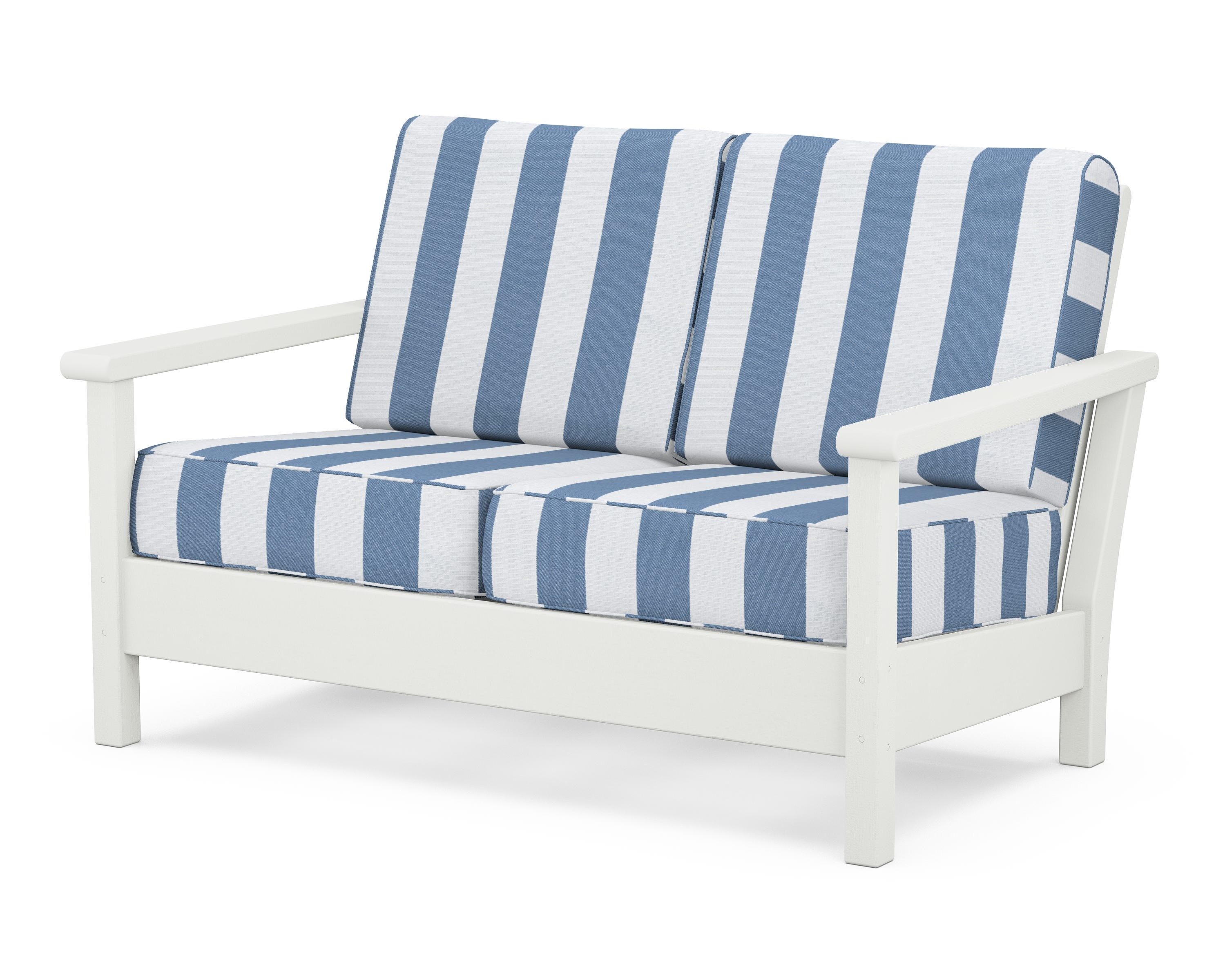 POLYWOOD® Harbour Deep Seating Loveseat in Vintage White / Cabana Stripe Sky Blue