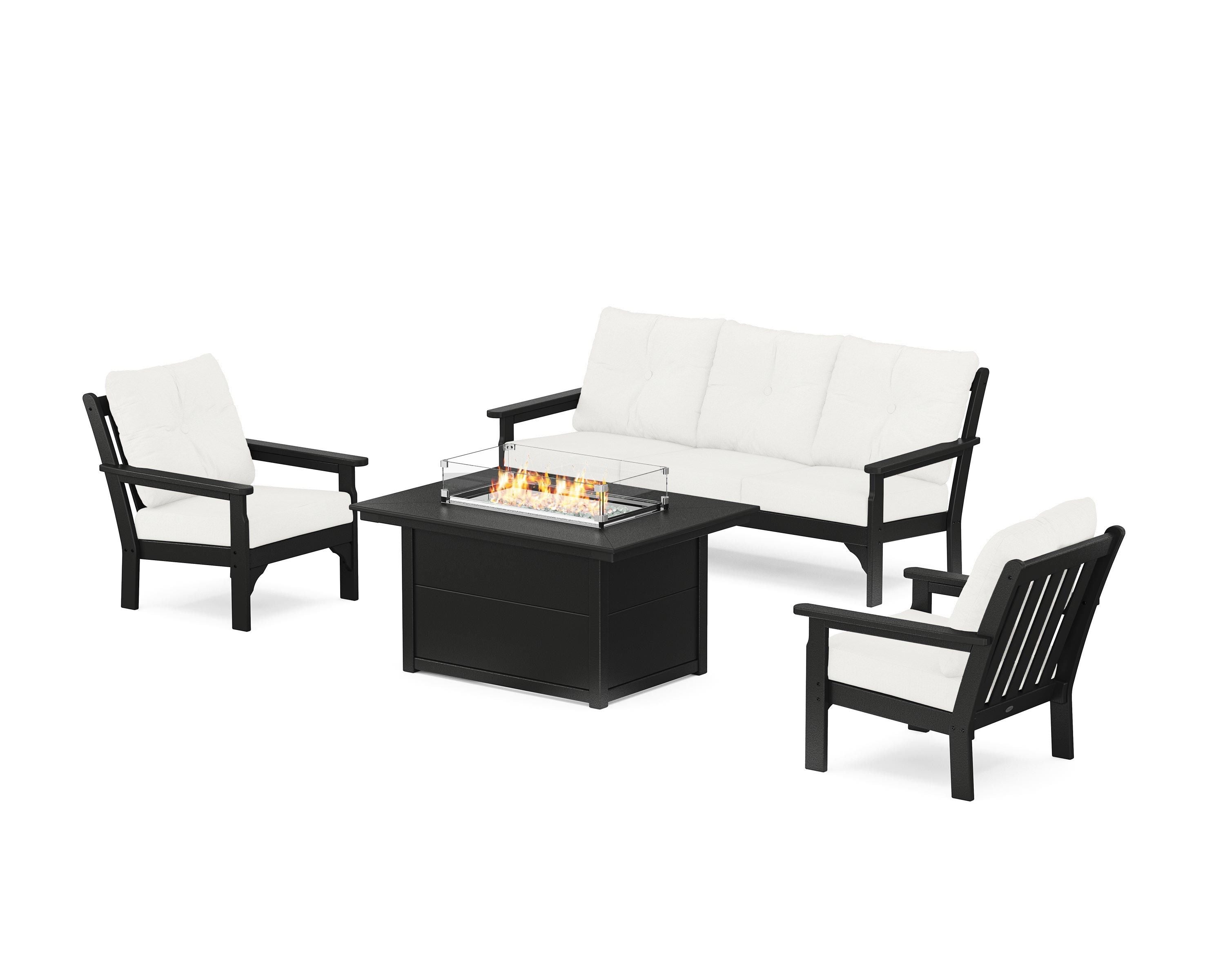 POLYWOOD® Vineyard Deep Seating Fire Pit Table Set in Black / Natural Linen