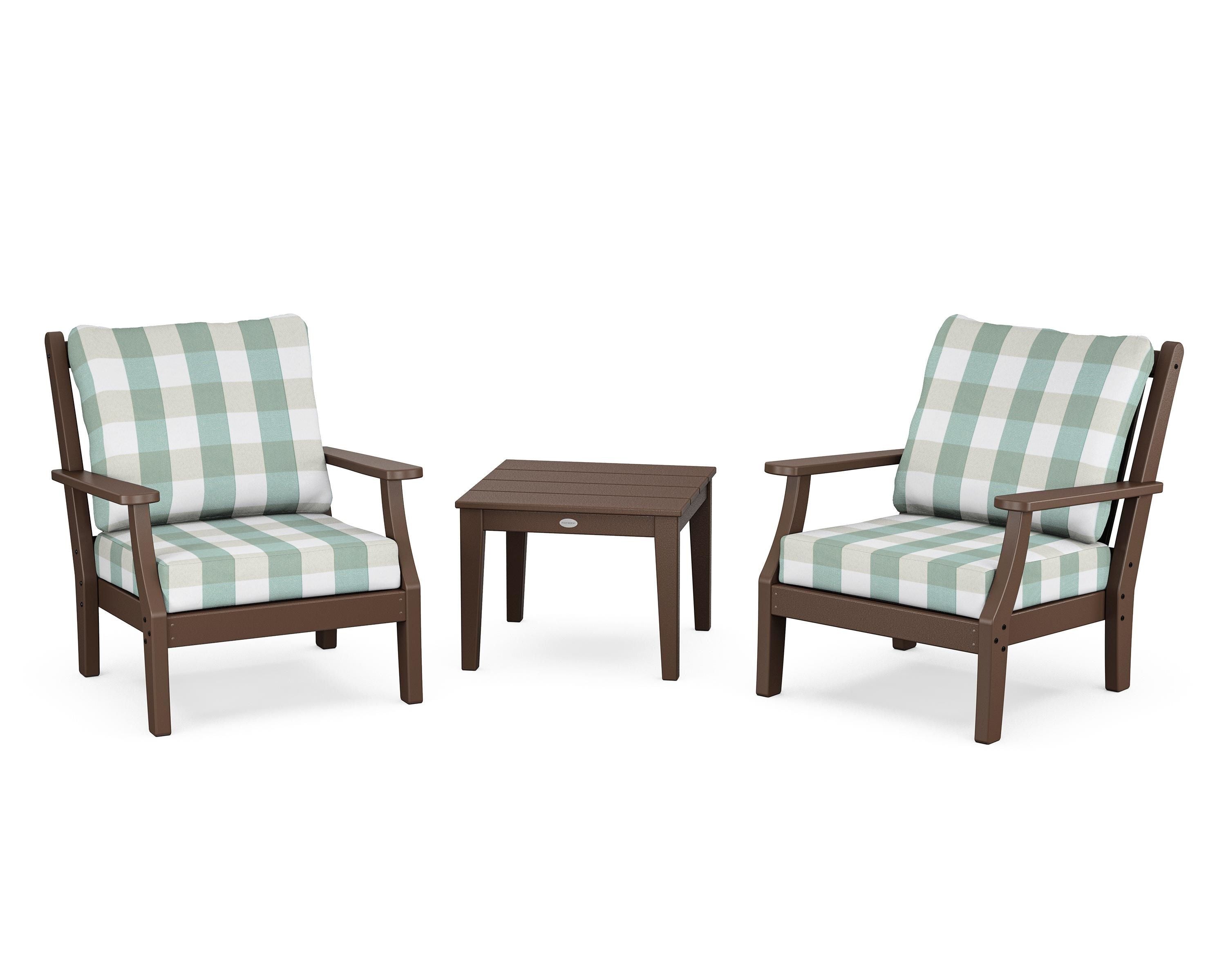 Country Living Wovendale 3-Piece Deep Seating Set in Mahogany / Buffalo Plaid Glacier Spa