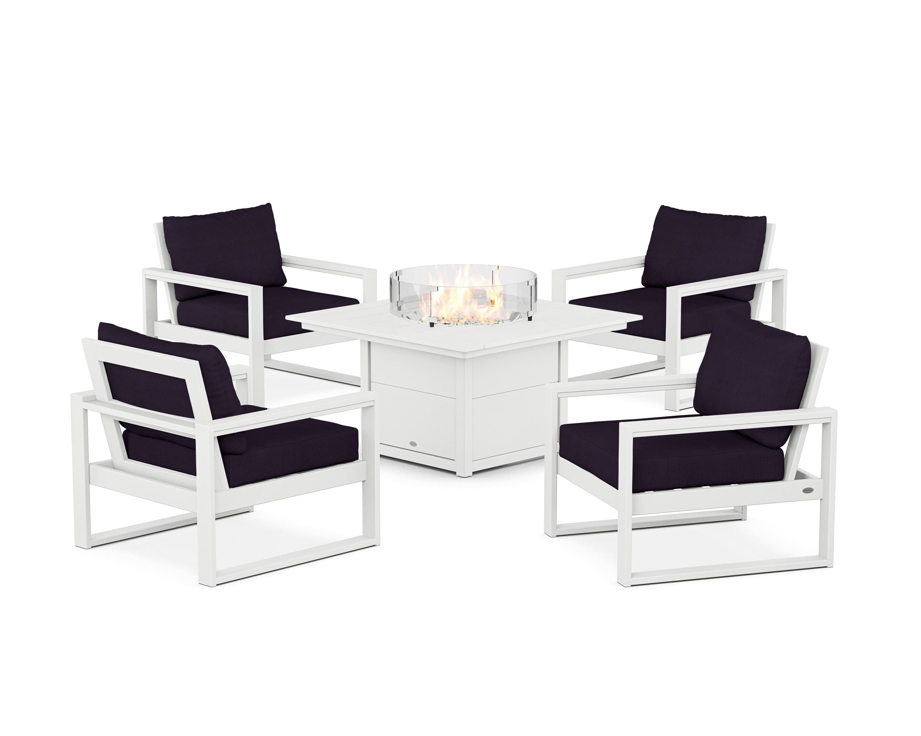 POLYWOOD® EDGE Sectional 5-Piece Deep Seating Set with Fire Pit Table in White / Navy Linen