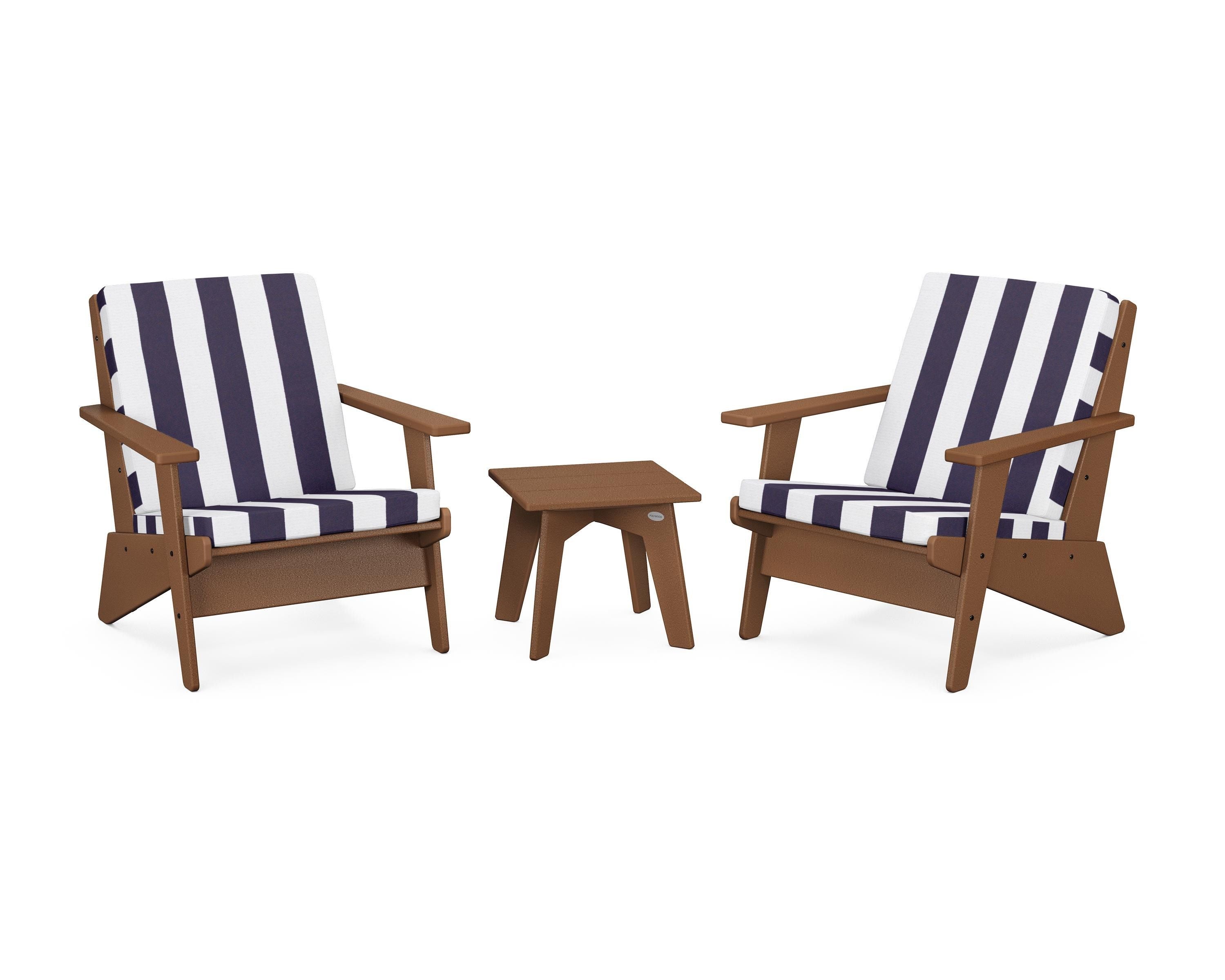 POLYWOOD® Riviera Modern Lounge 3-Piece Set in Teak / Cabana Stripe Navy