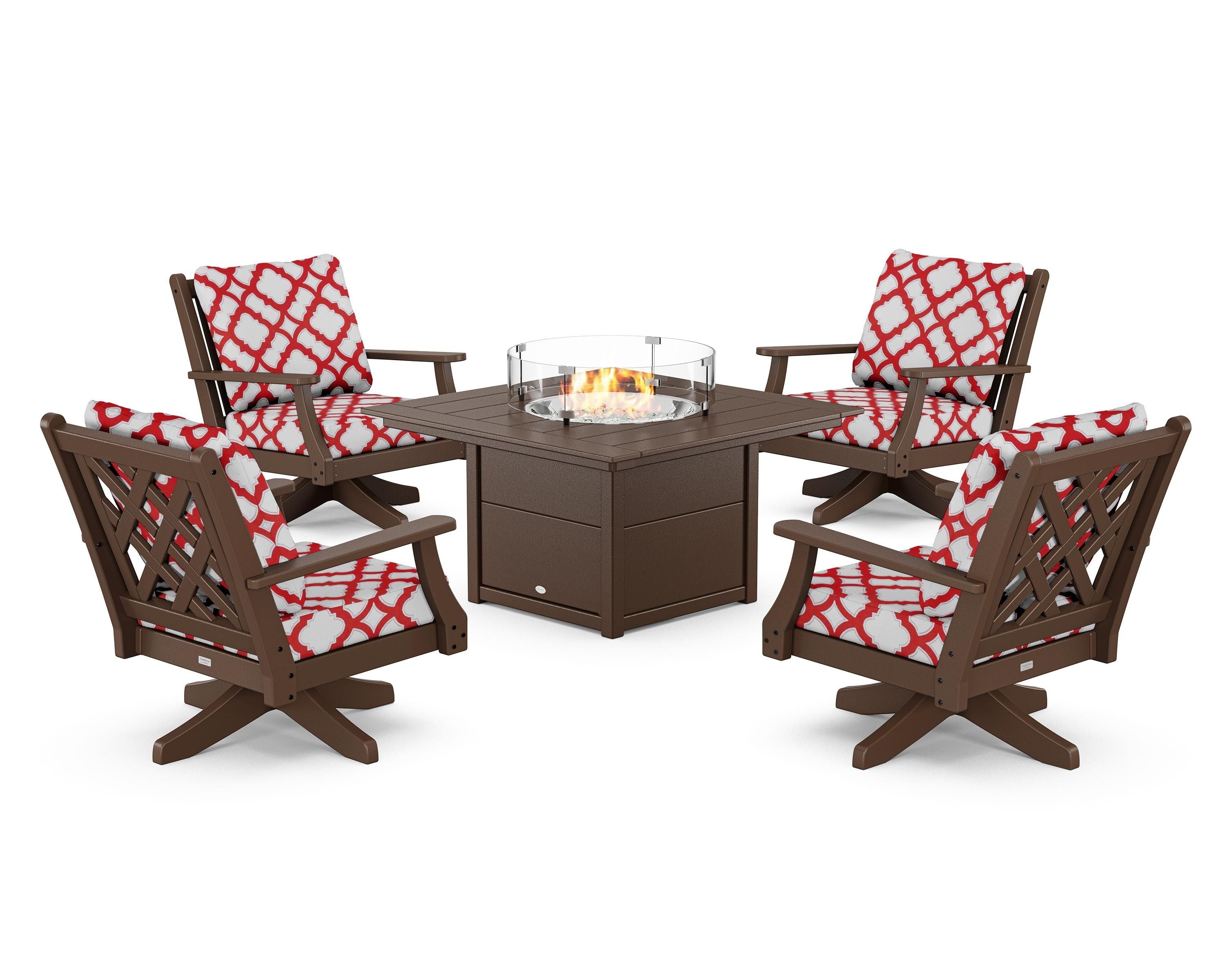 Country Living Wovendale 5-Piece Deep Seating Swivel Conversation Set with Fire Pit Table in Mahogany / Trellis Crimson