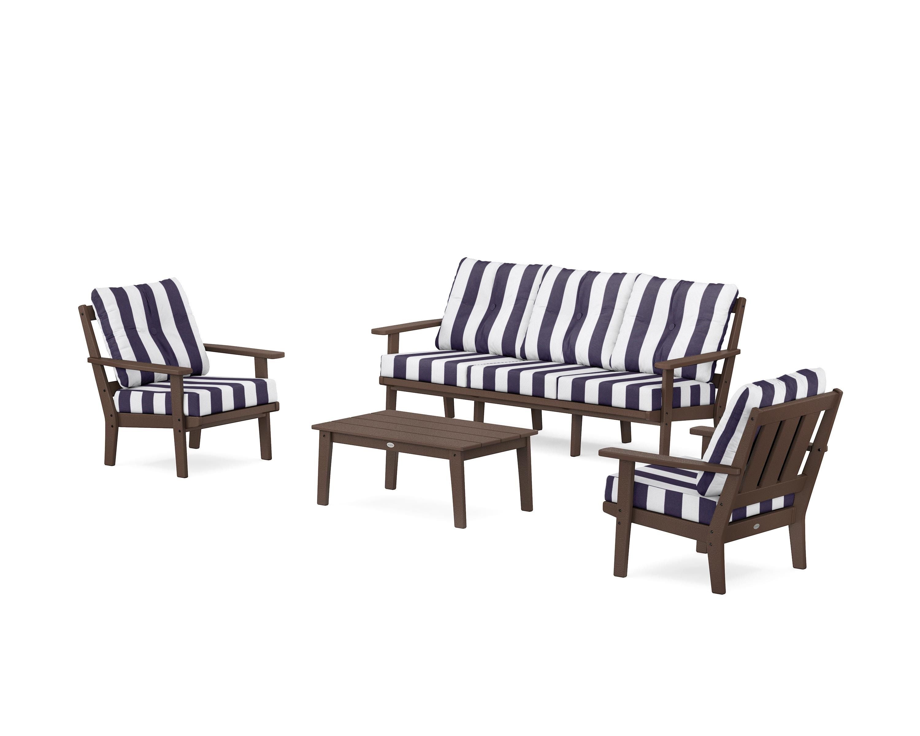 POLYWOOD® Oxford 4-Piece Deep Seating Set with Sofa in Mahogany / Cabana Stripe Navy