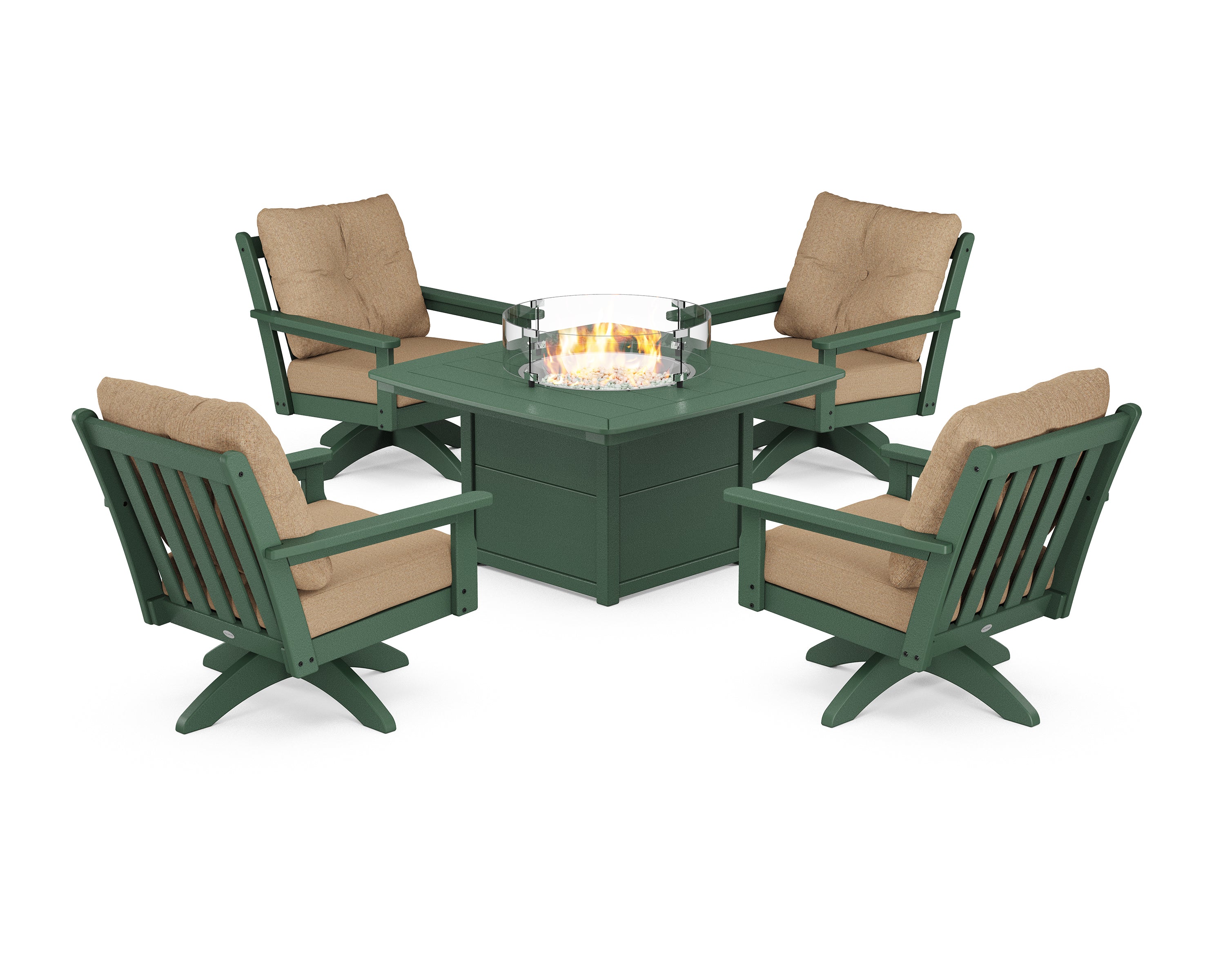 POLYWOOD® Vineyard 5-Piece Deep Seating Swivel Conversation Set with Fire Pit Table in Green / Sesame