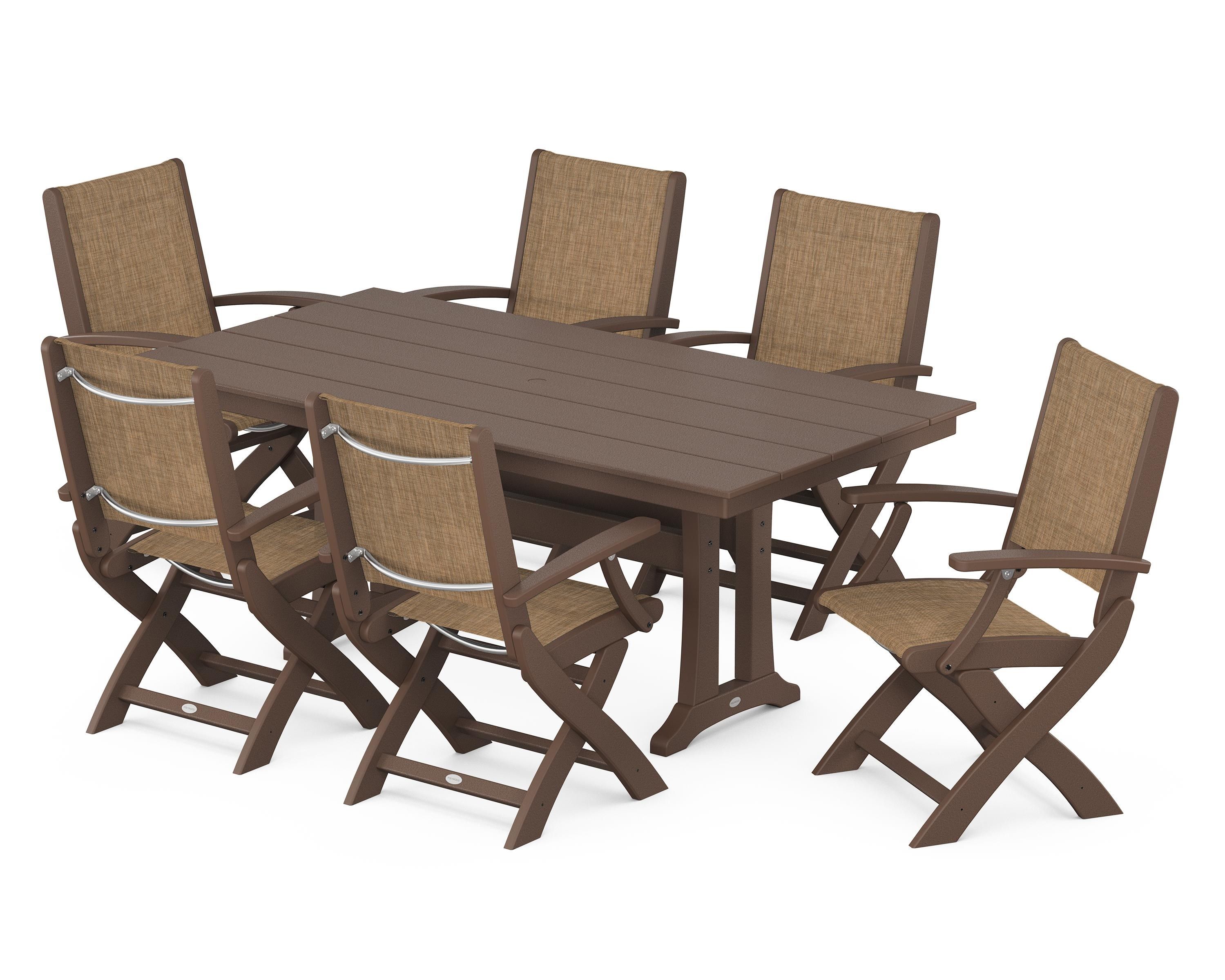 POLYWOOD® Coastal Folding Arm Chair 7-Piece Farmhouse Dining Set with Trestle Legs in Mahogany / Burlap Sling
