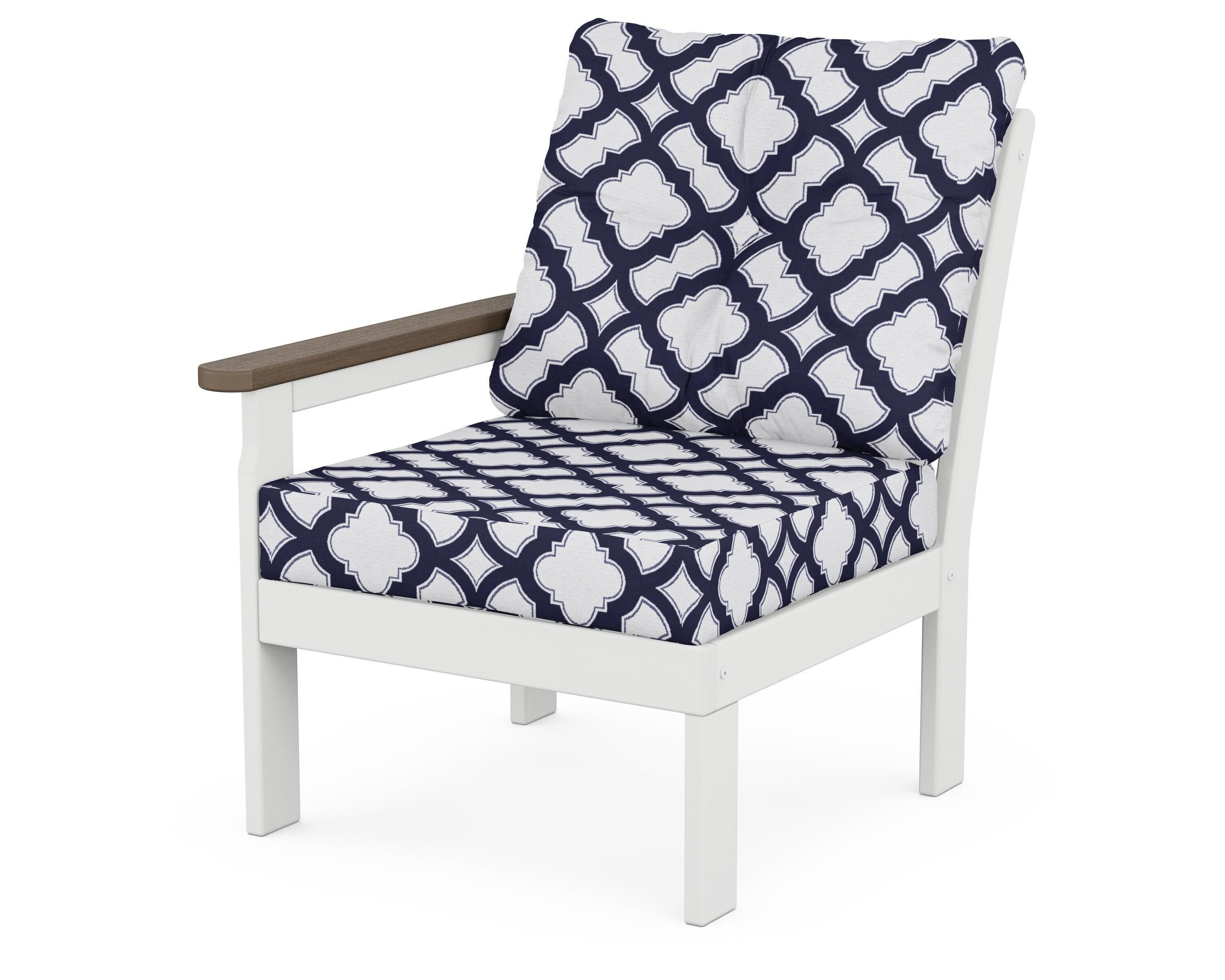 POLYWOOD® Vineyard Modular Left Arm Chair in White / Kona / Trellis Navy