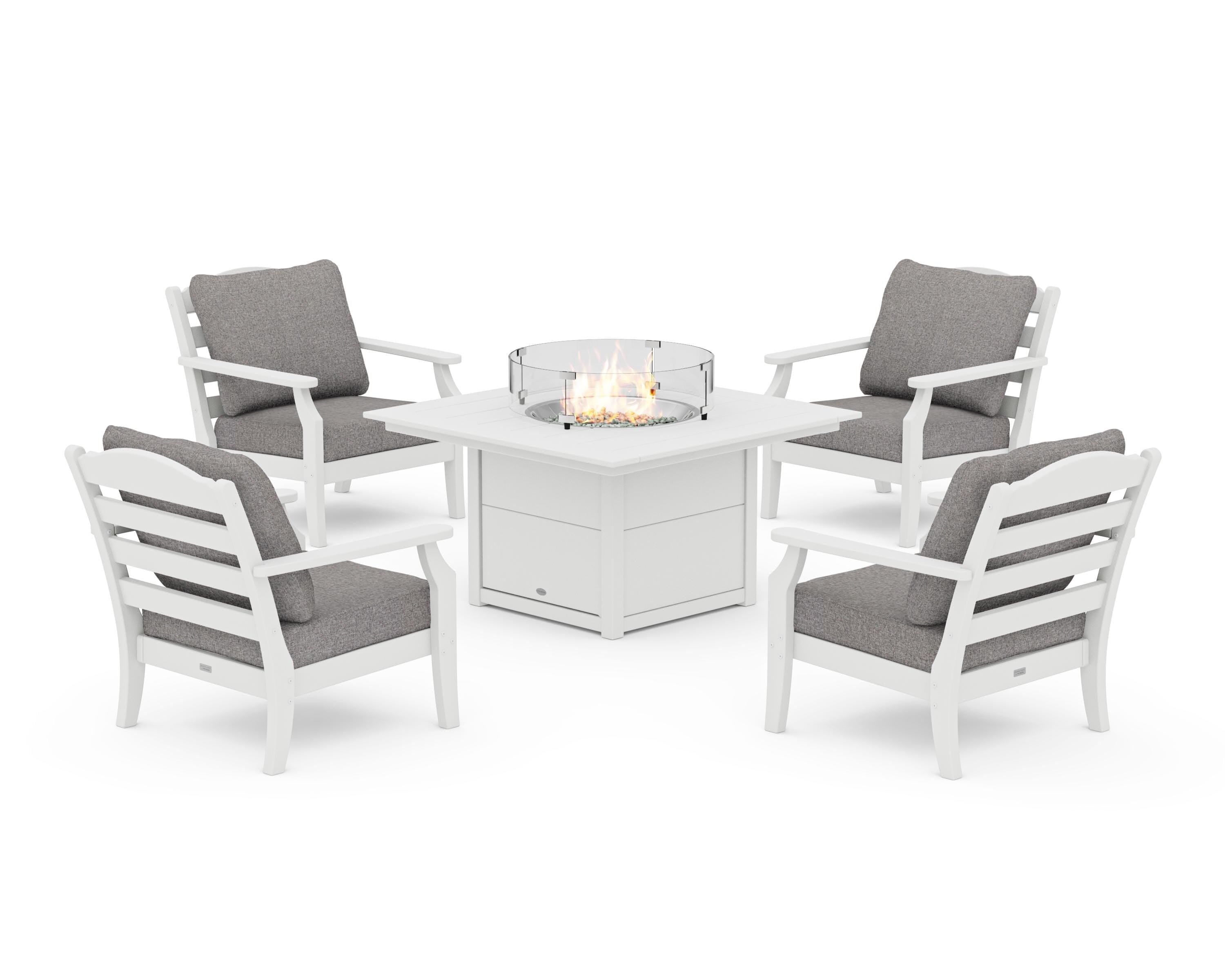 Draper James™ by POLYWOOD® Savannah 5-Piece Deep Seating Set with Fire Pit Table in White / Grey Mist