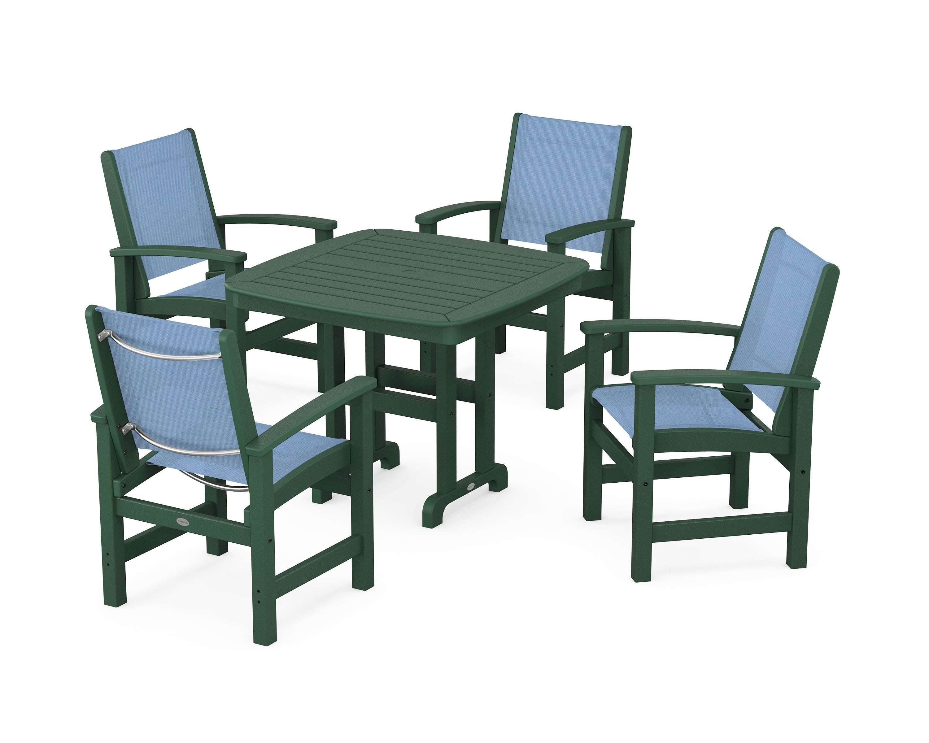 POLYWOOD® Coastal 5-Piece Dining Set in Green / Poolside Sling