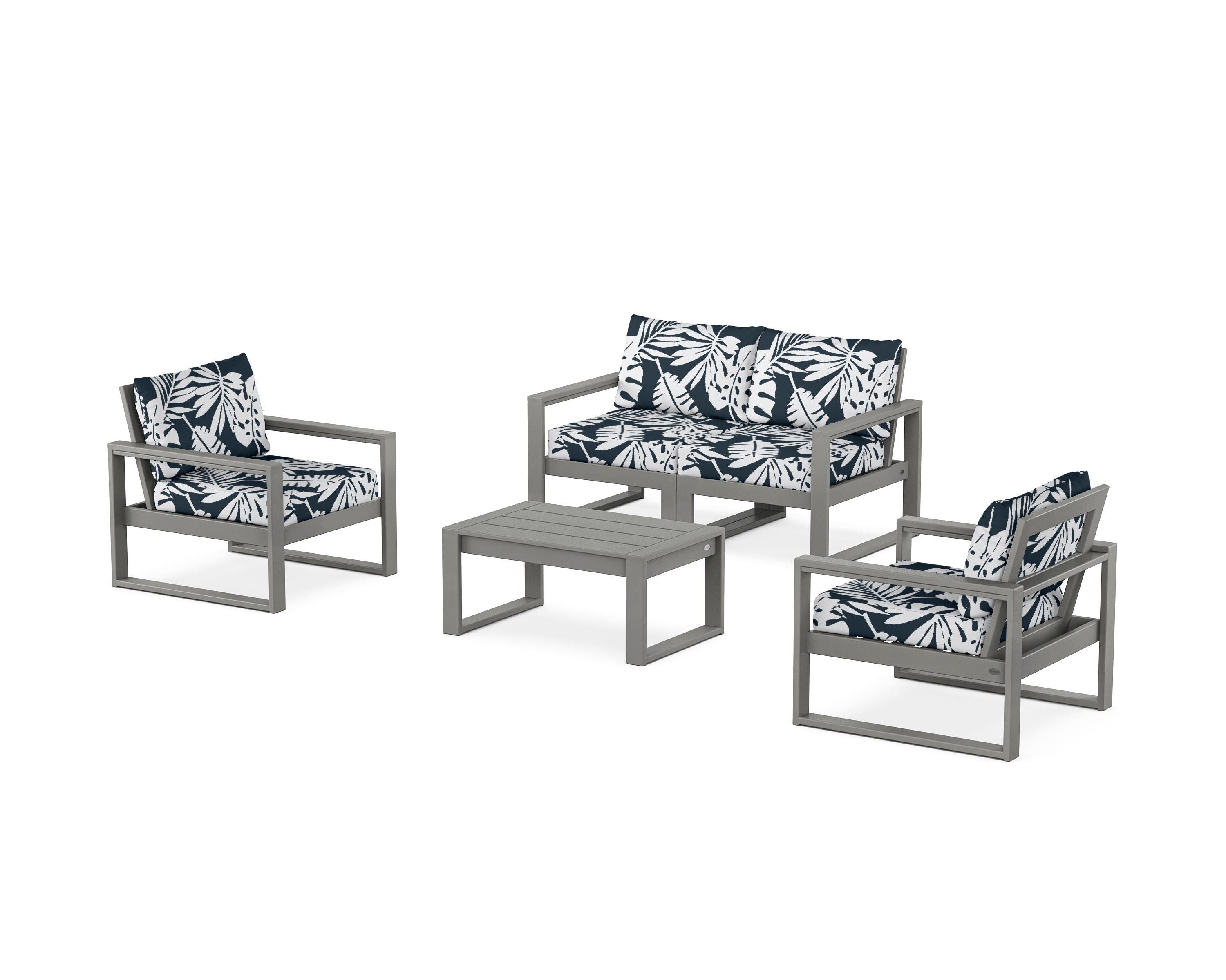 POLYWOOD® EDGE Sectional 4-Piece Deep Seating Set with Loveseat in Slate Grey / Leaf Marine Indigo