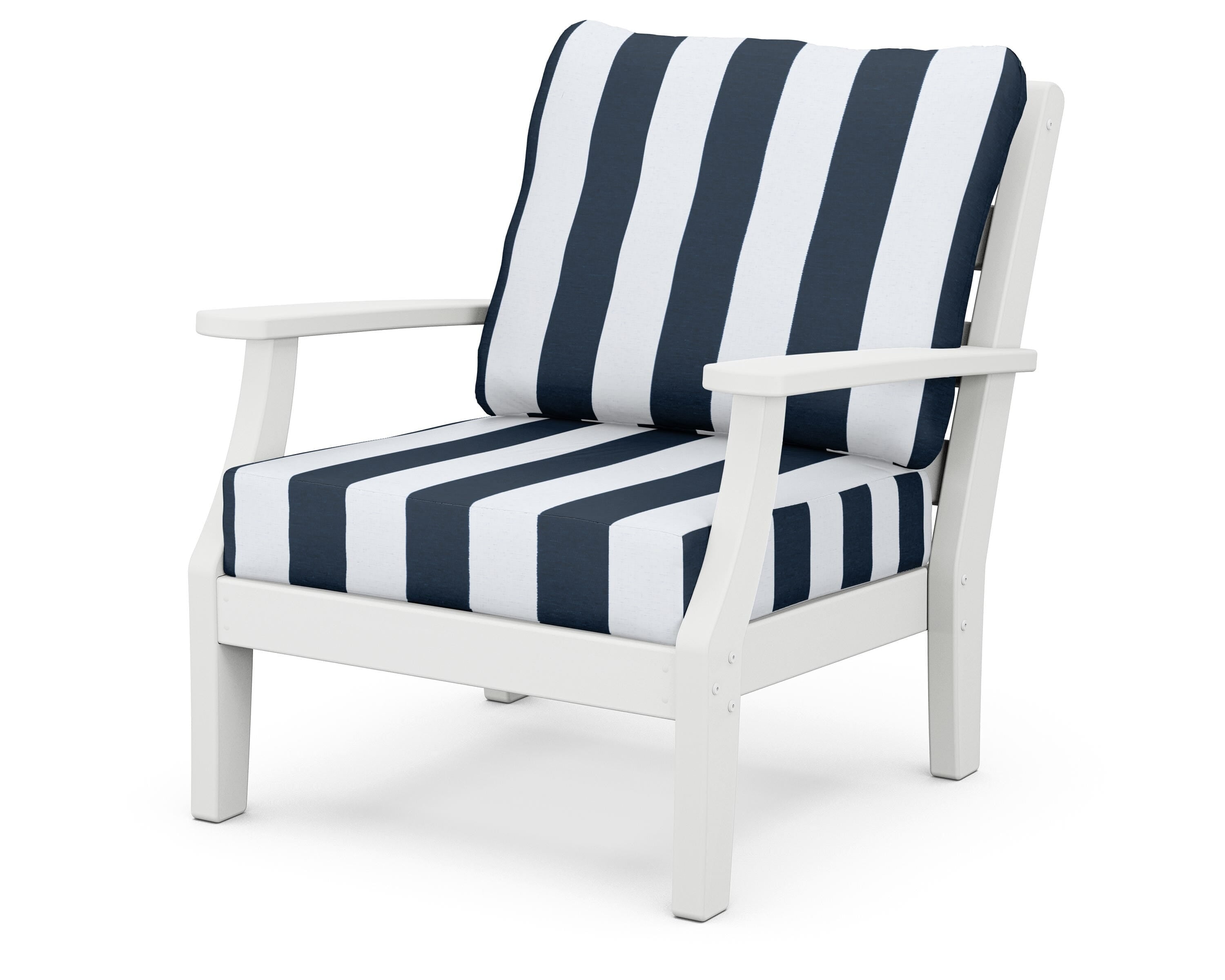 POLYWOOD® Chesapeake Deep Seating Chair in White / Cabana Stripe Marine Indigo