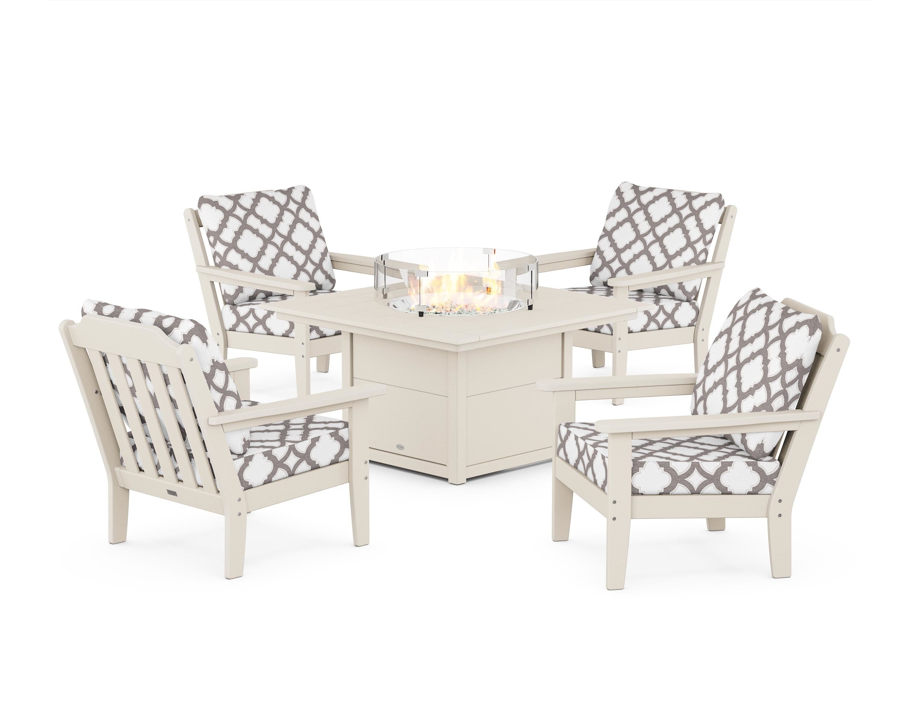Country Living Cottage 5-Piece Deep Seating Set with Fire Pit Table in Sand / Trellis Grey Mist