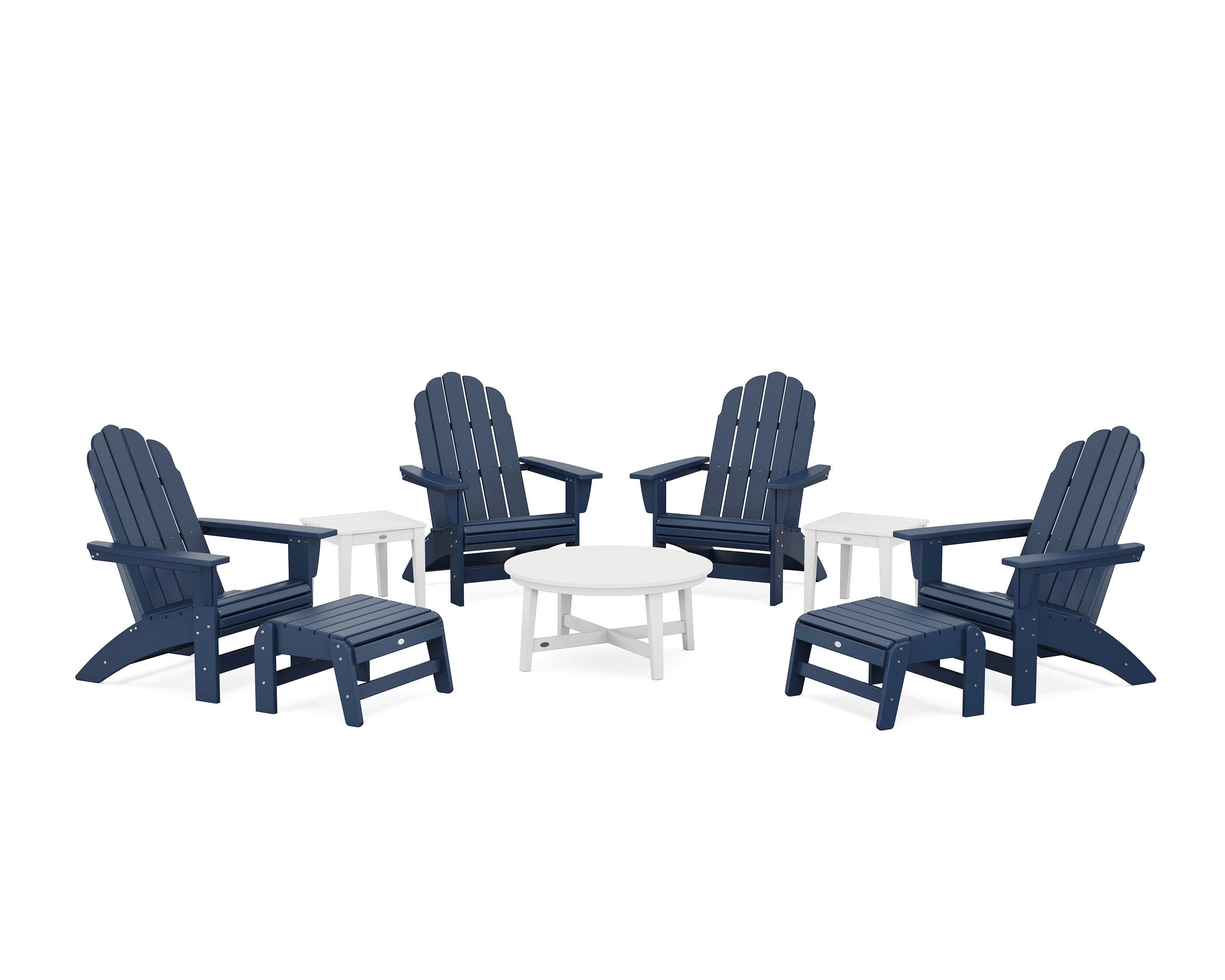 POLYWOOD® Vineyard Grand Adirondack 9-Piece Conversation Set in Navy / White