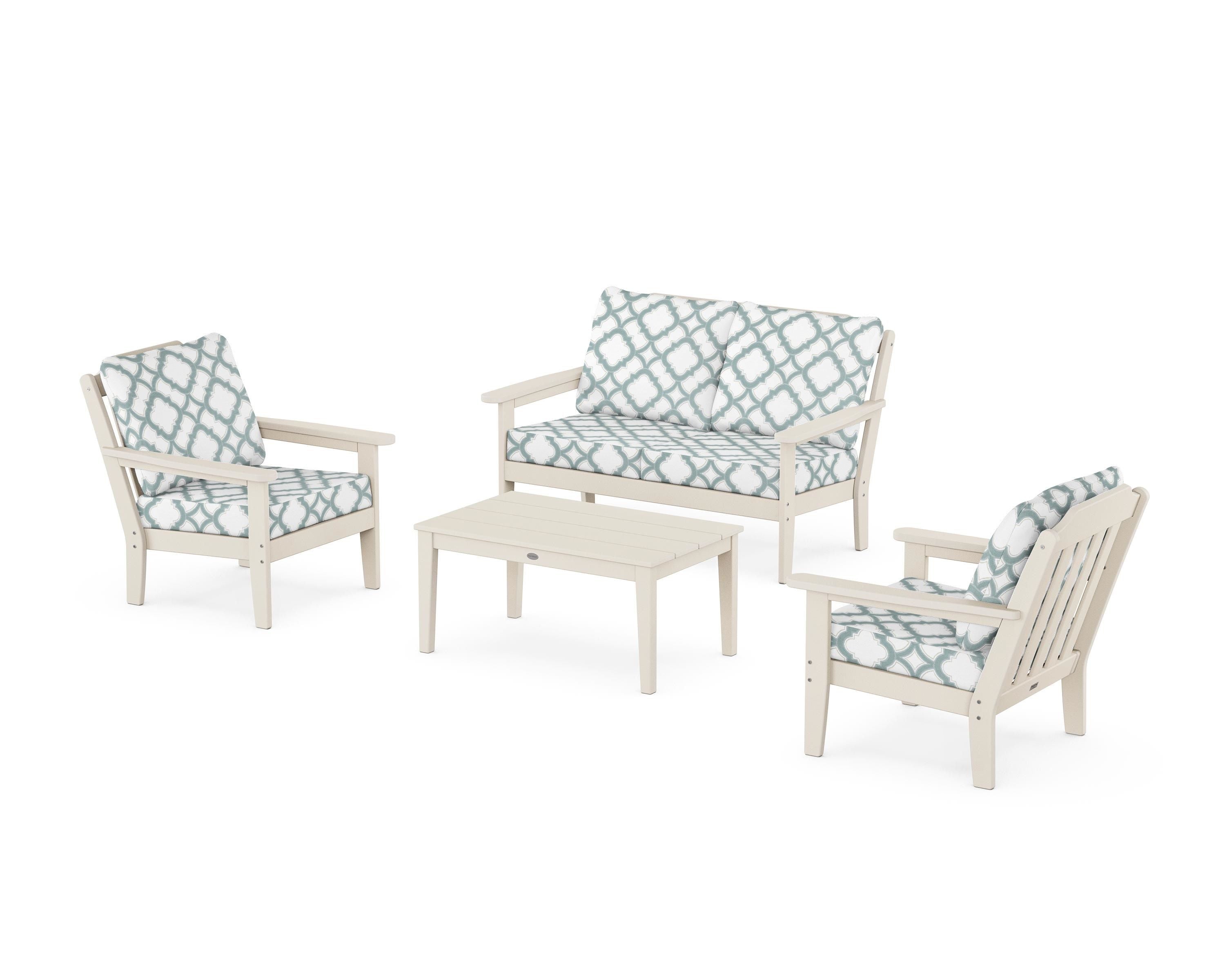 Country Living Cottage 4-Piece Deep Seating Set with Loveseat in Sand / Trellis Glacier Spa