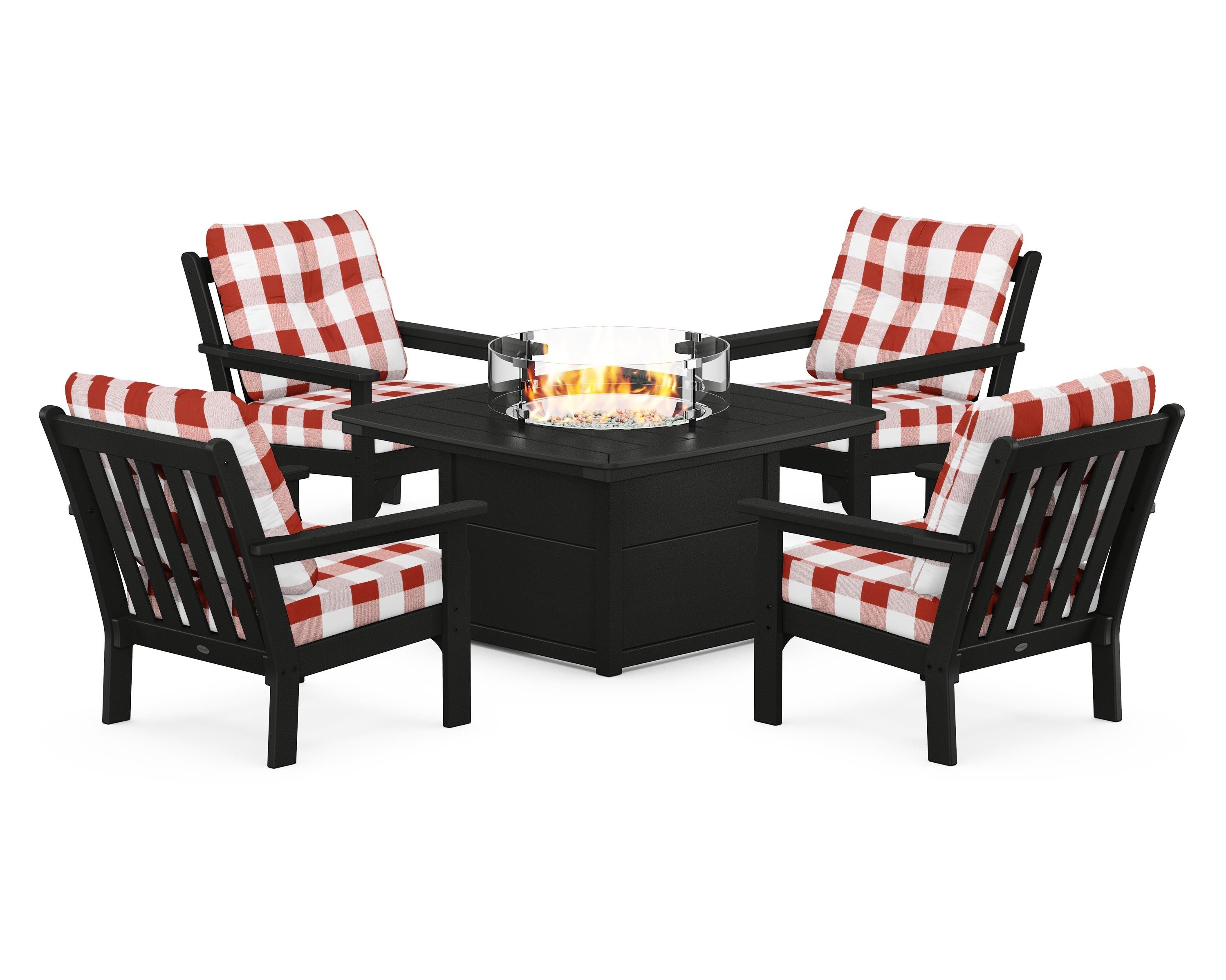 POLYWOOD® Vineyard 5-Piece Conversation Set with Fire Pit Table in Black / Buffalo Plaid Crimson
