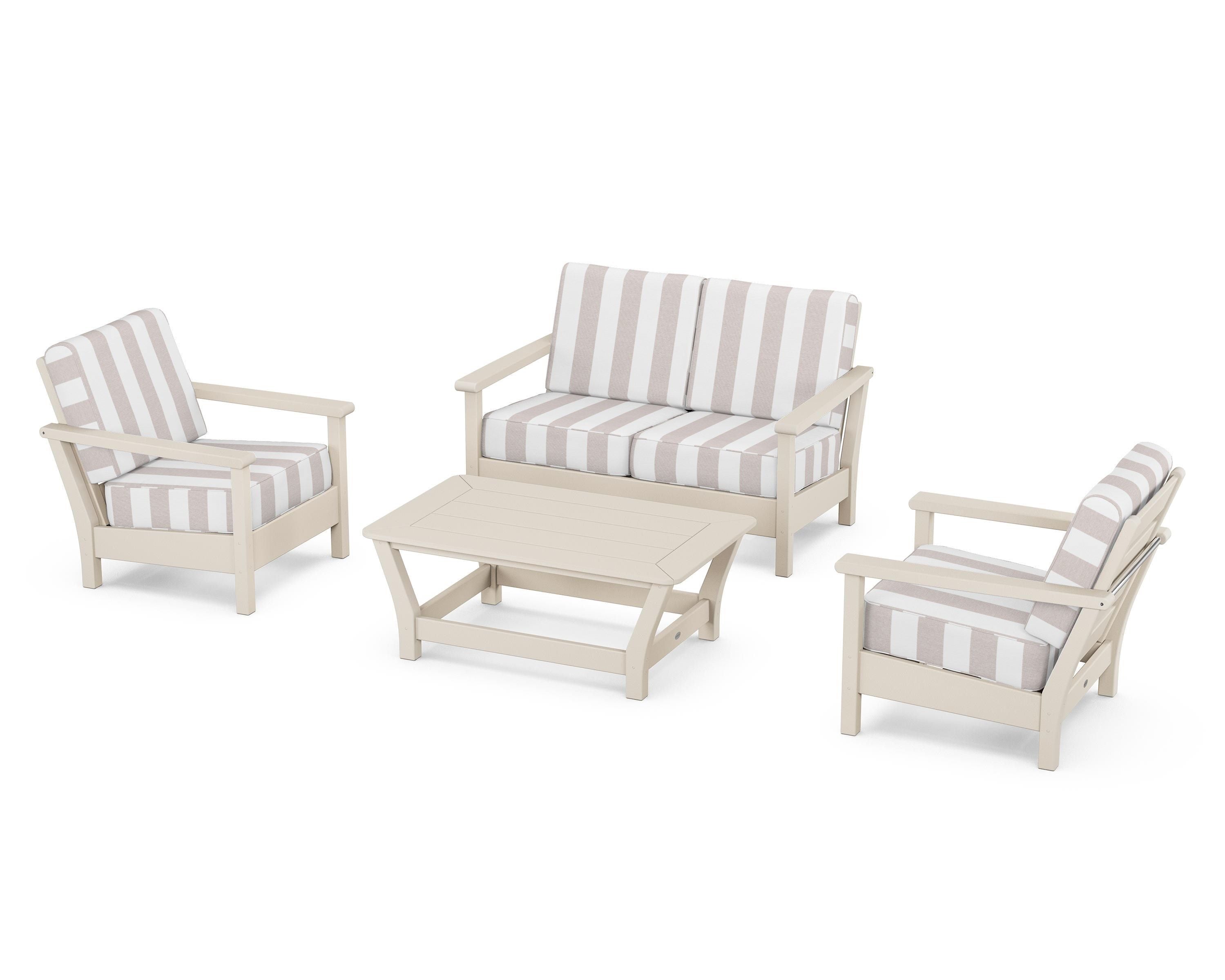 POLYWOOD® Harbour 4-Piece Deep Seating Set in Sand / Cabana Stripe Dune Burlap