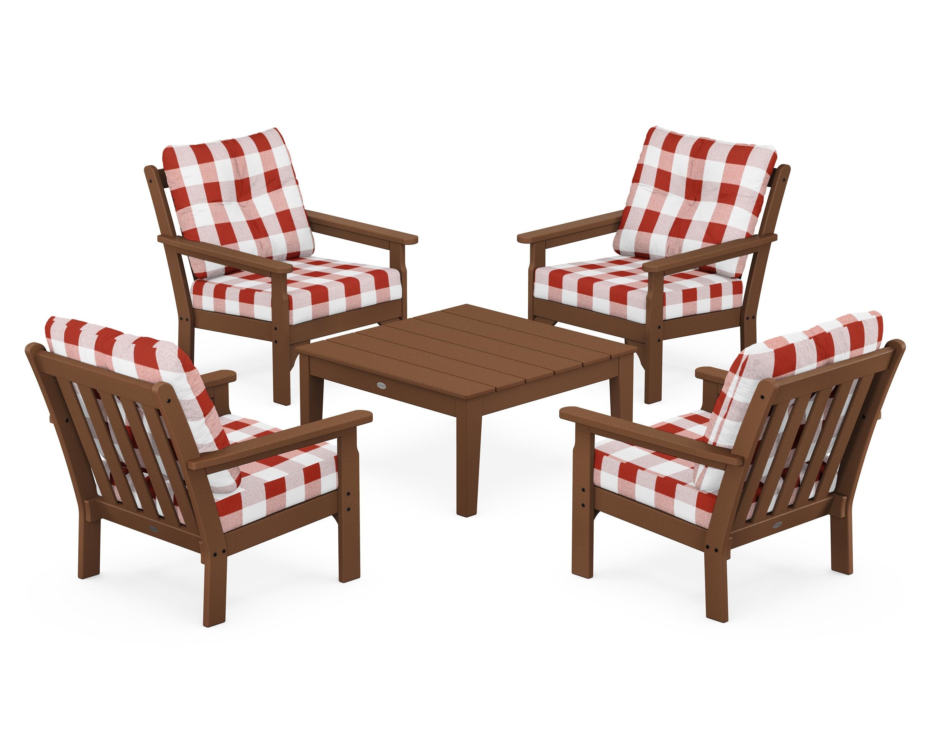 POLYWOOD® Vineyard 5-Piece Deep Seating Conversation Set in Teak / Buffalo Plaid Crimson