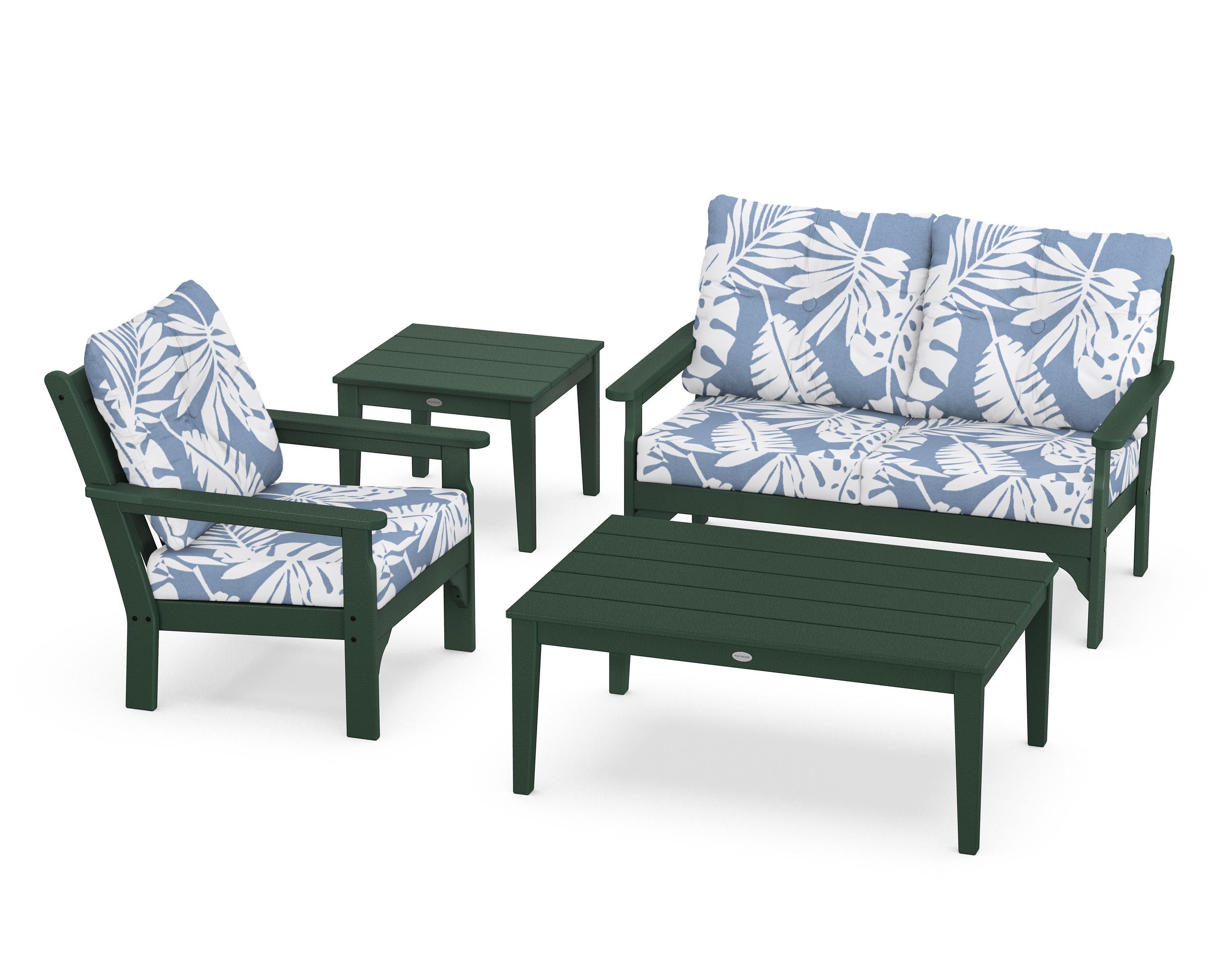POLYWOOD® Vineyard 4-Piece Deep Seating Set in Green / Leaf Sky Blue