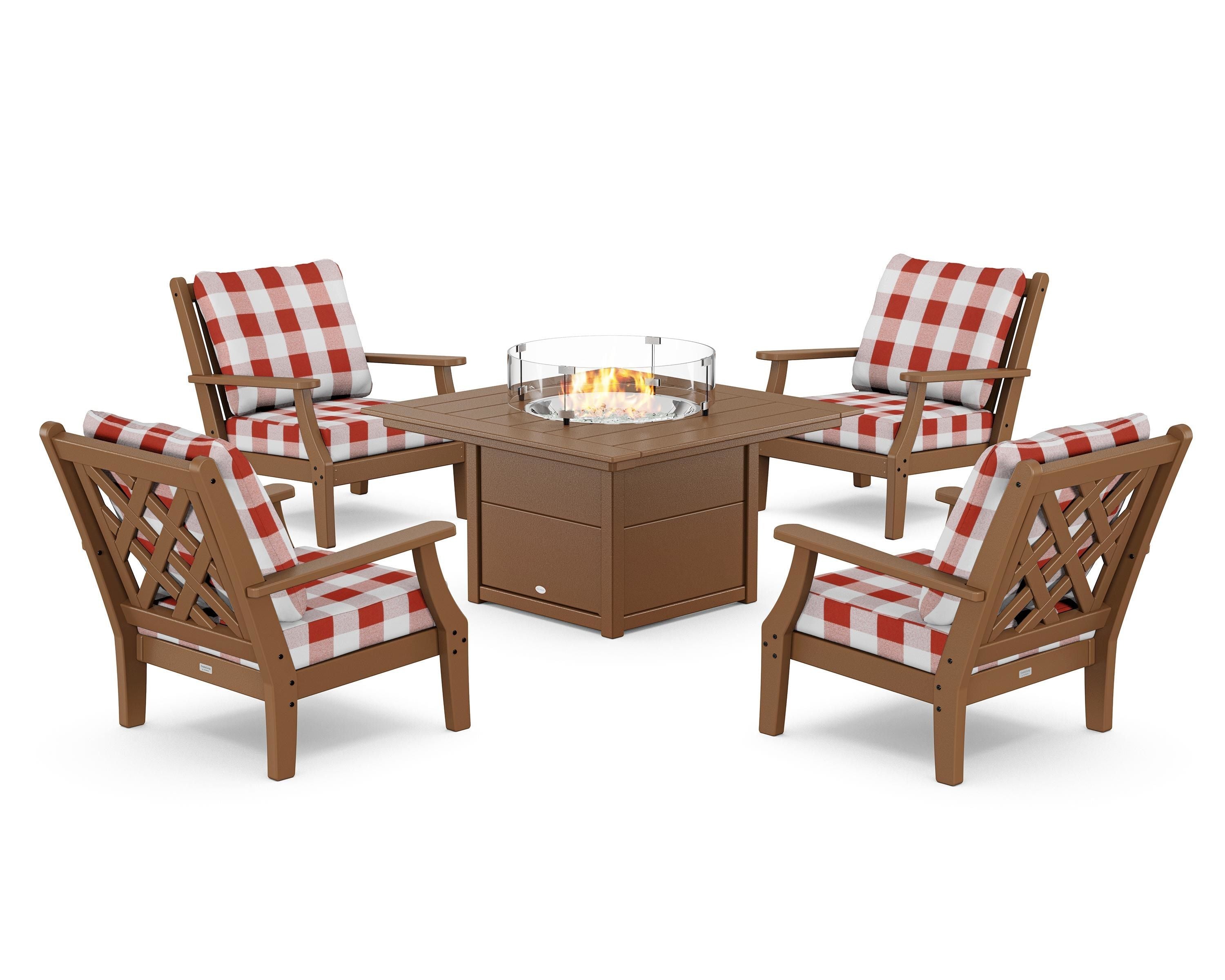 Country Living Wovendale 5-Piece Deep Seating Set with Fire Pit Table in Teak / Buffalo Plaid Crimson